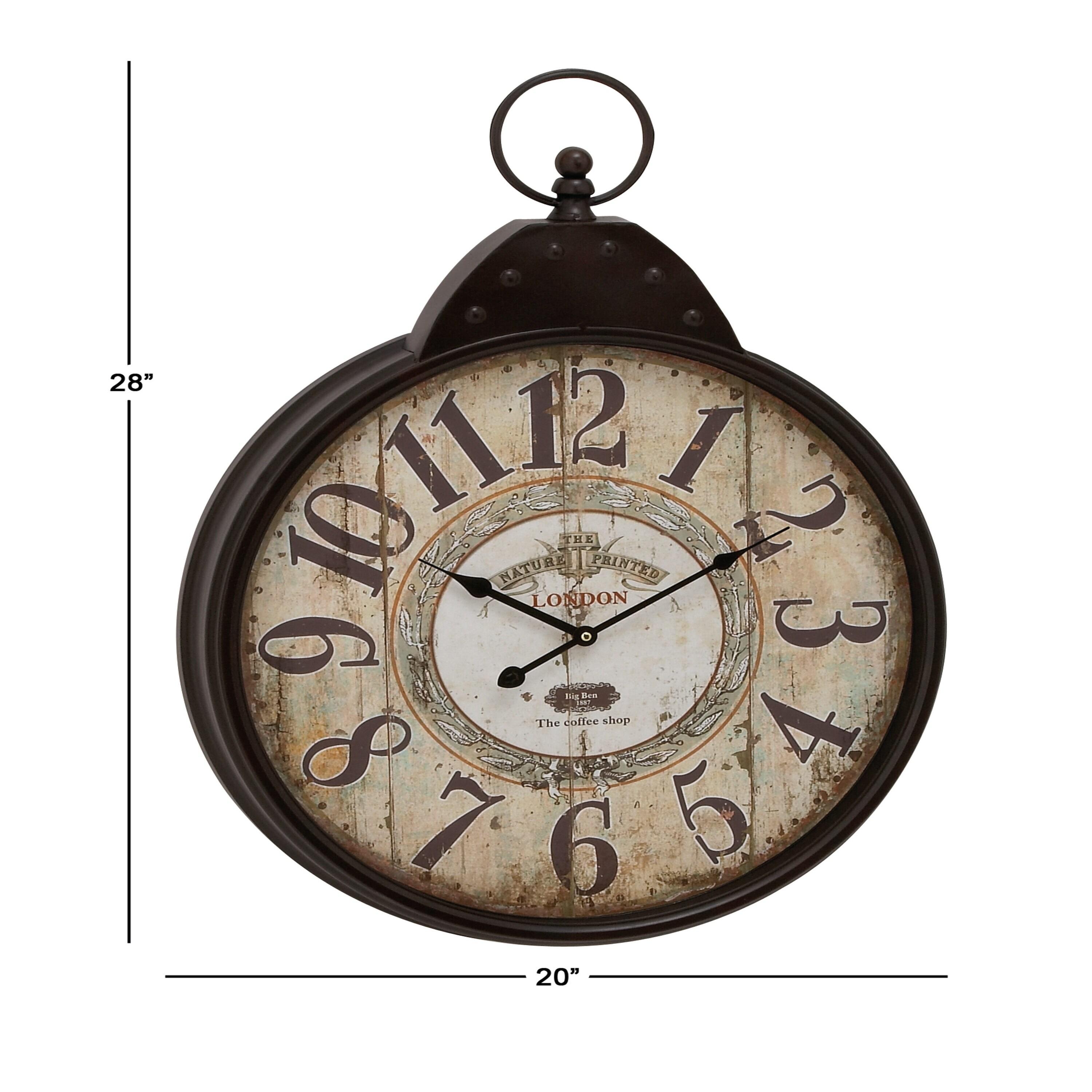 DecMode 20" Black Metal Finial Distressed Pocket Watch Inspired Wall Clock with Beige Clockface