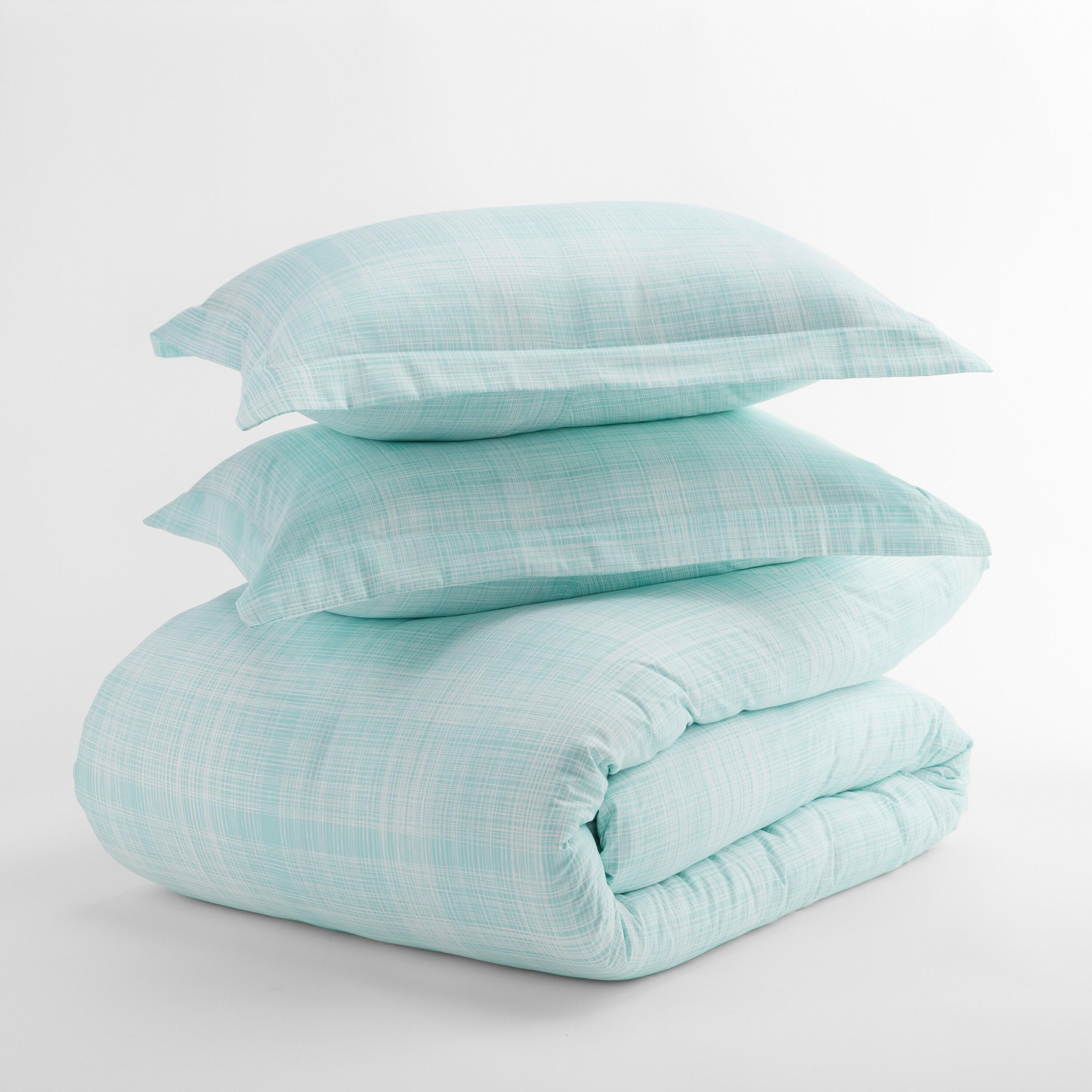 Aqua Plaid Microfiber Full/Queen Duvet Cover Set with Shams