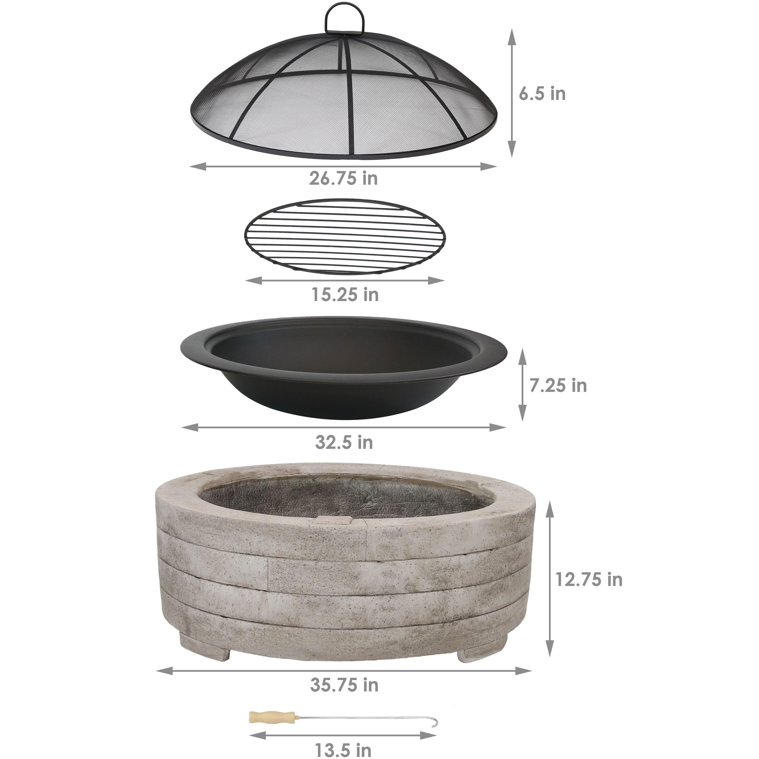 Sunnydaze Outdoor Large Round Faux Stone Fire Pit with Handles, Log Poker, and Spark Screen - 35" - Gray