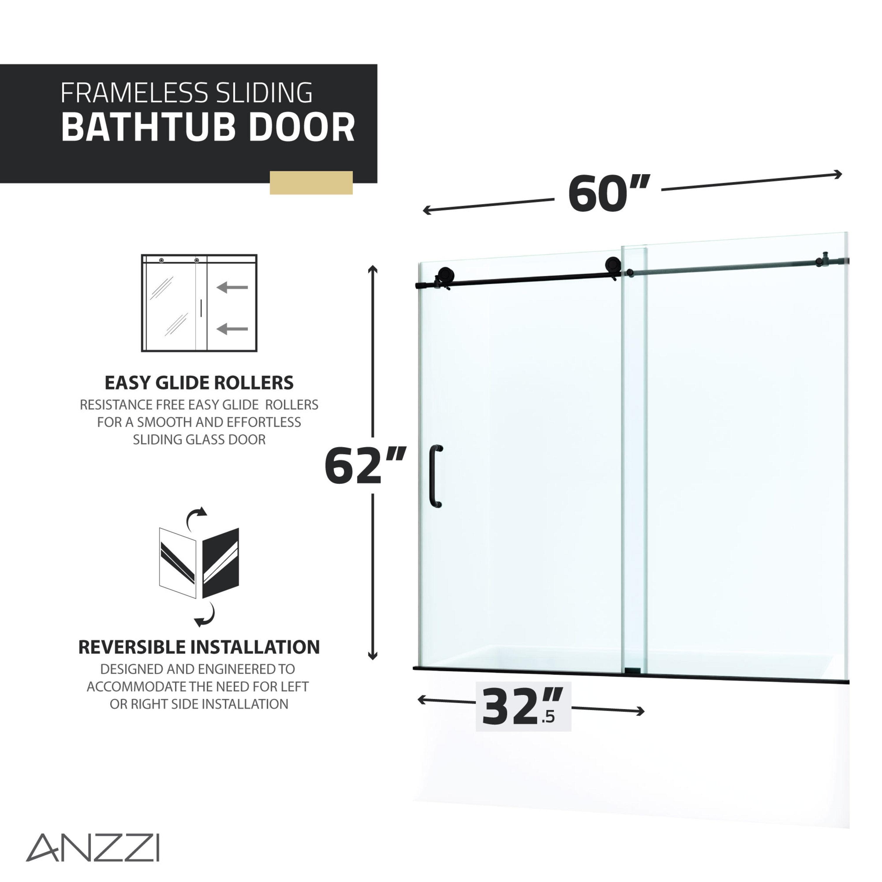 Raymore 59 - 60" W x 62" H Single Sliding Frameless Tub Door with Tsunami Guard