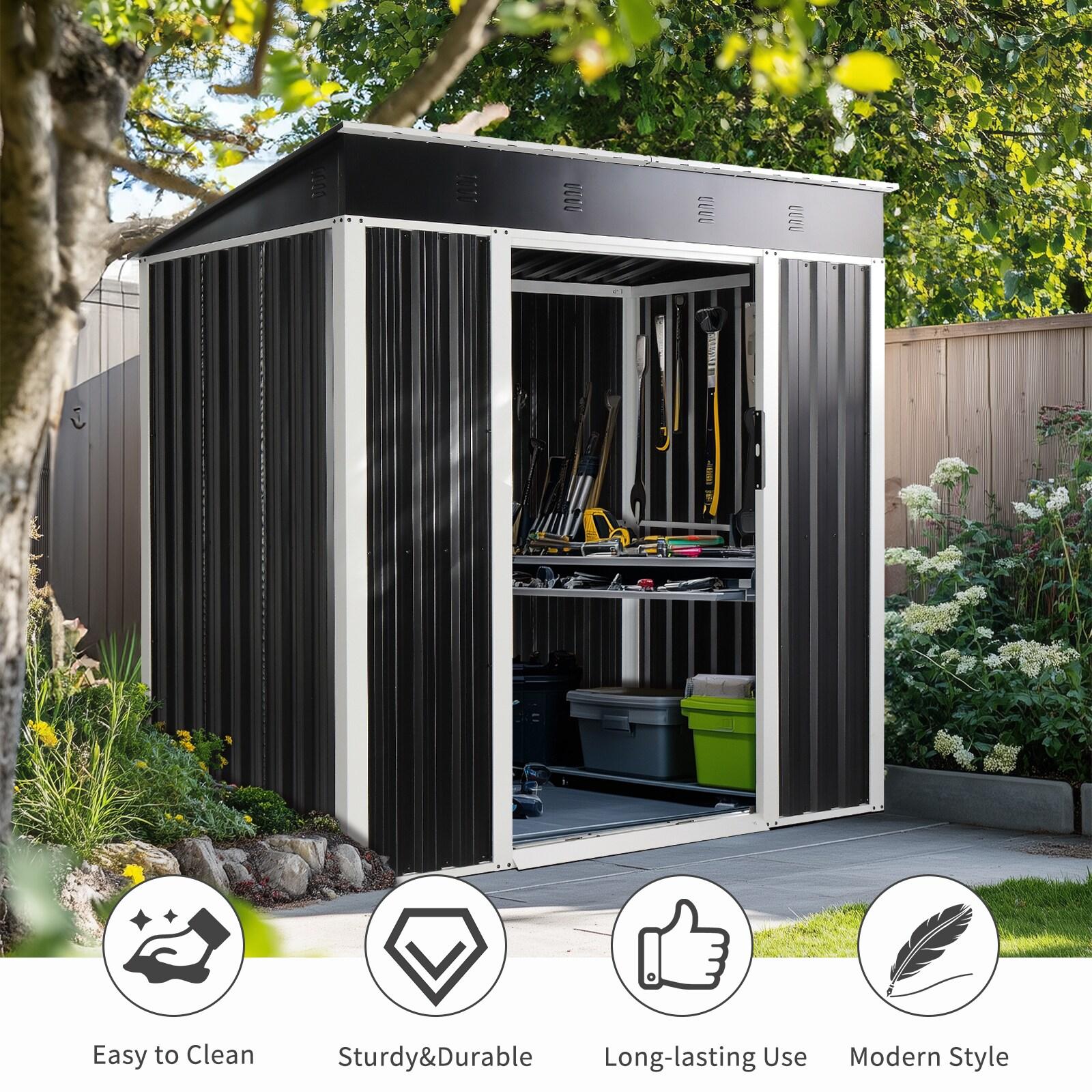 6x4 FT Black Galvanized Iron Outdoor Storage Shed with Sliding Doors