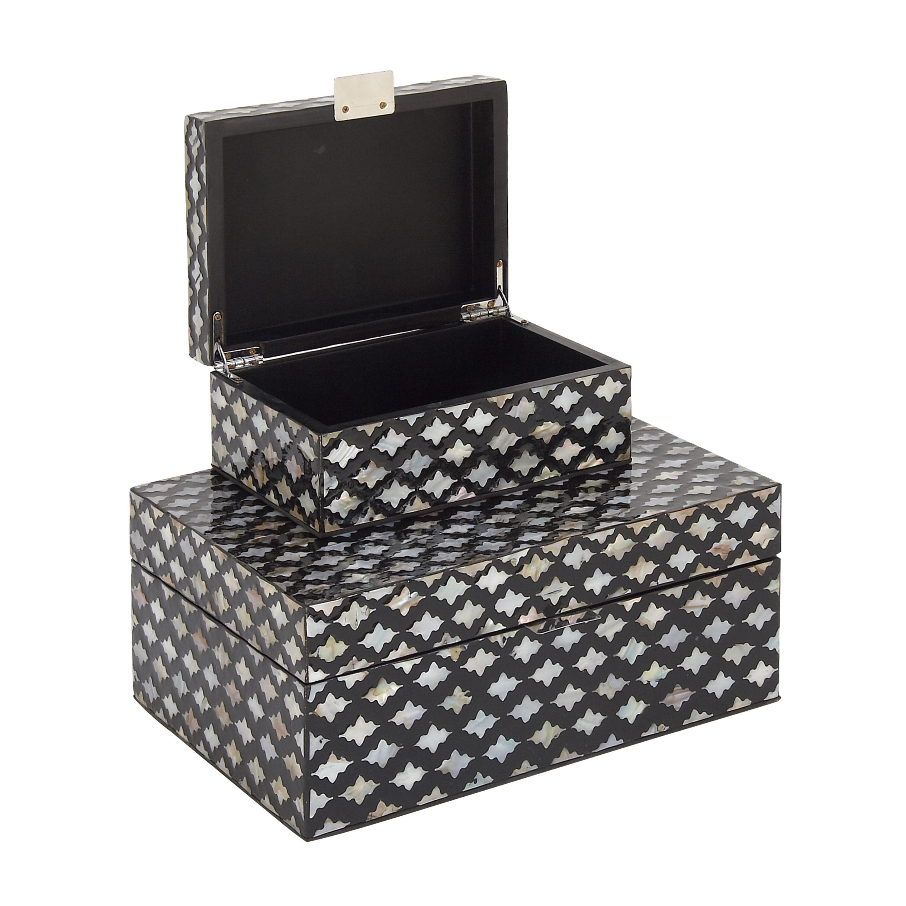 Set of 2 Large Traditional Wood and Mop Zigzag Boxes Black/Silver - Olivia & May