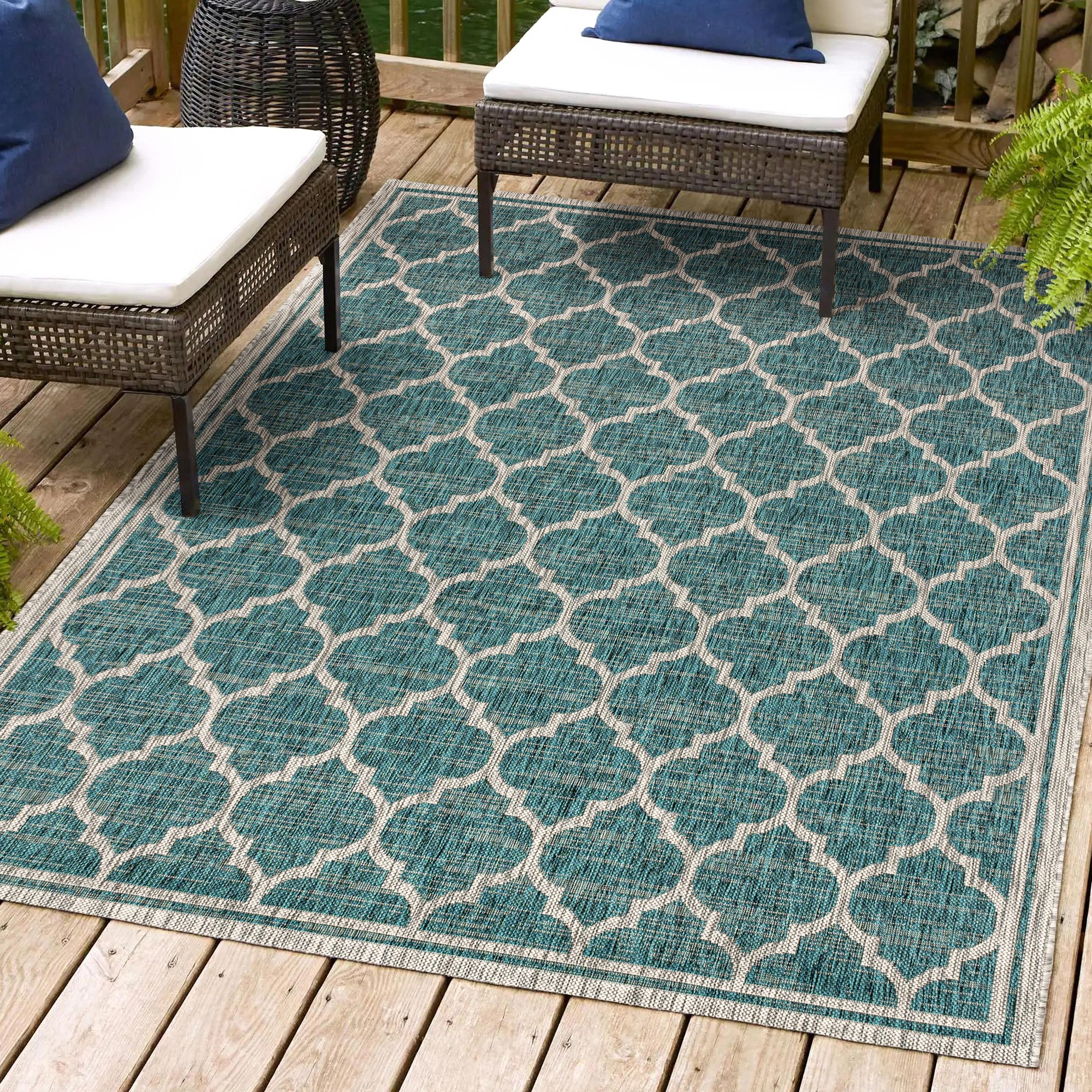 3'x5' Trebol Moroccan Trellis Textured Weave Indoor/Outdoor Area Rug, Teal/Gray - JONATHAN Y