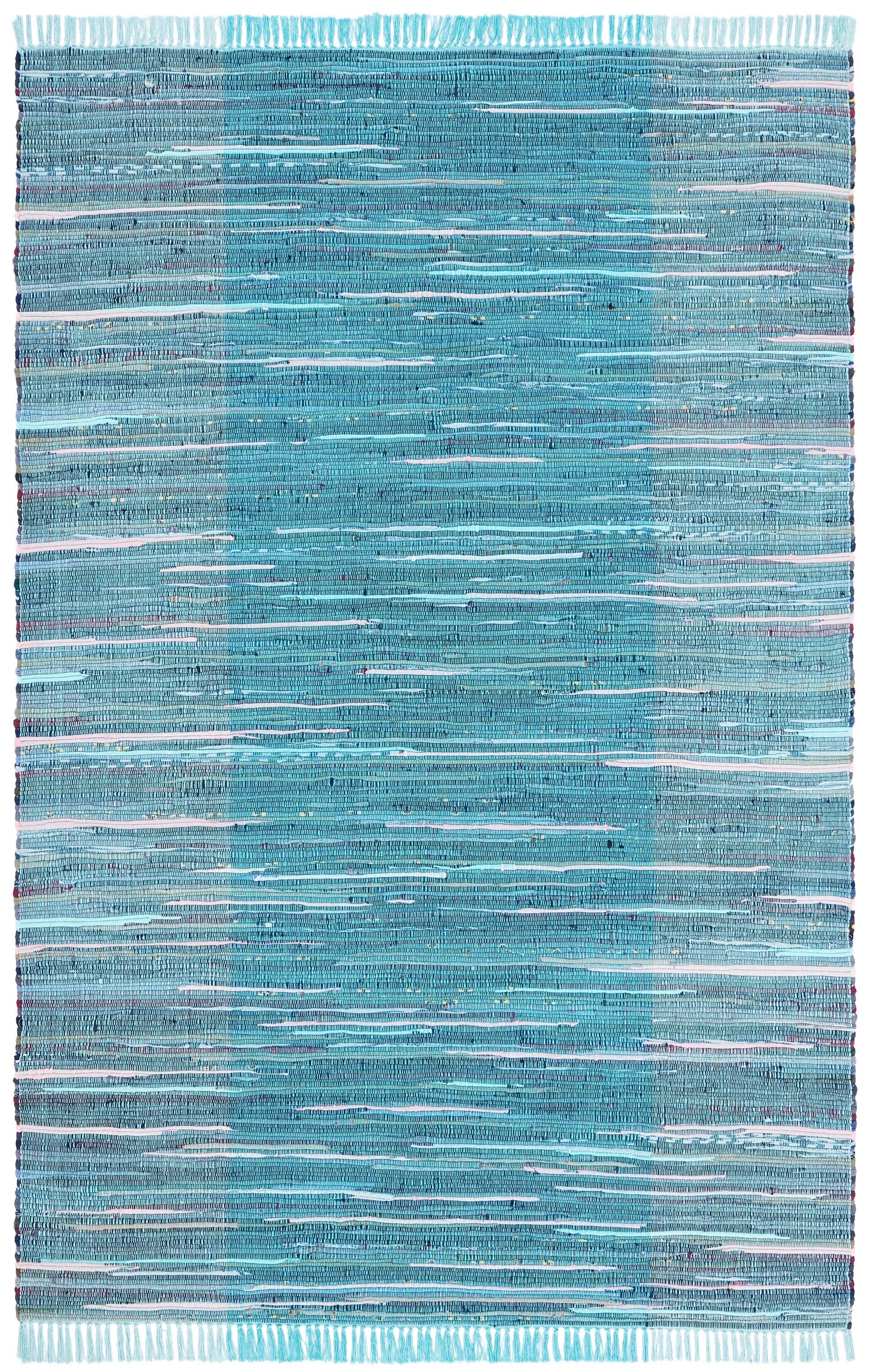 SAFAVIEH Rag Romeo Striped Fringe Cotton Area Rug, Light Blue/Grey, 2' x 3'