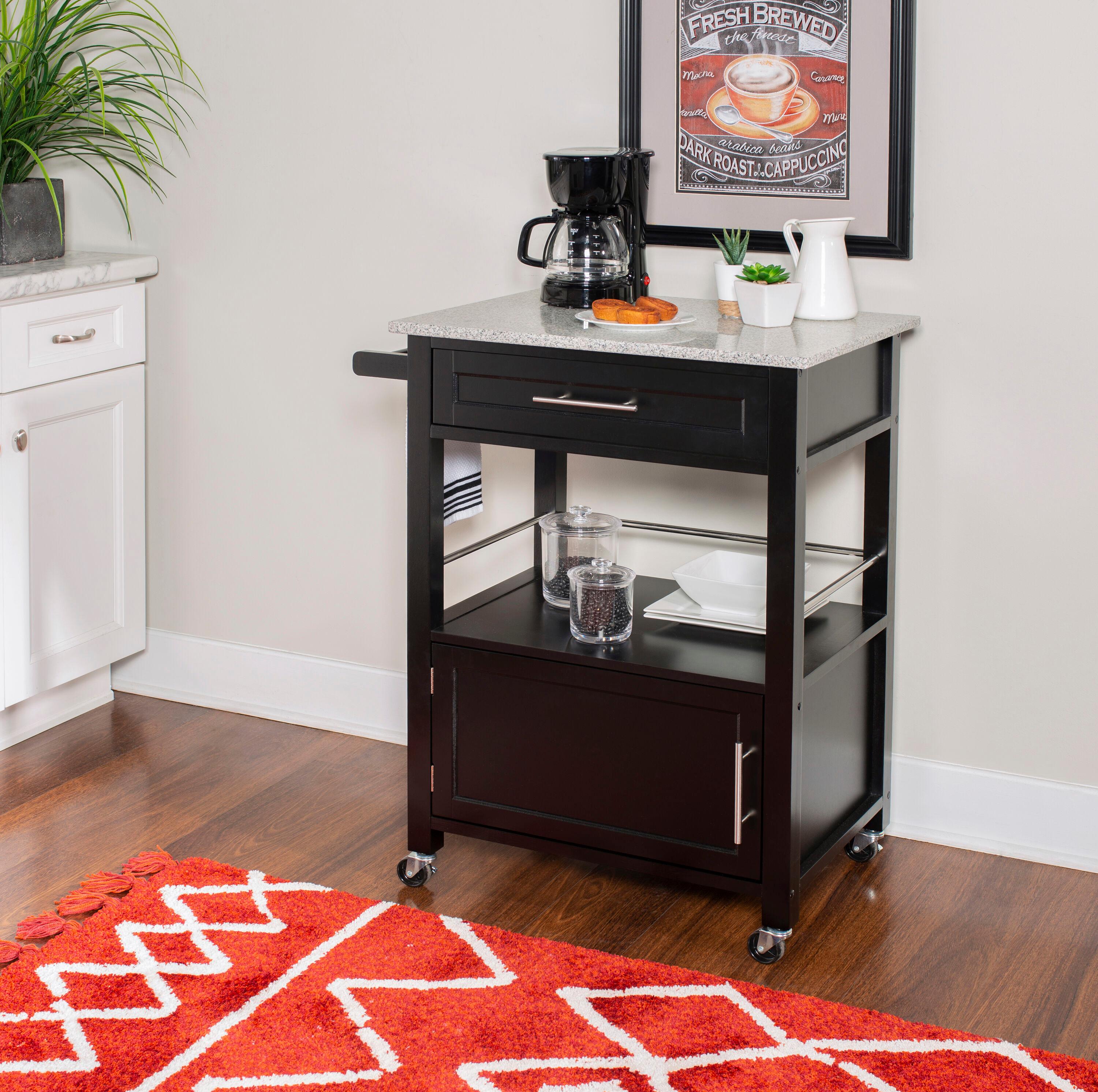 Mitchell Black Wood Granite Top Kitchen Cart: Storage, Towel Bar, Locking Casters - Linon