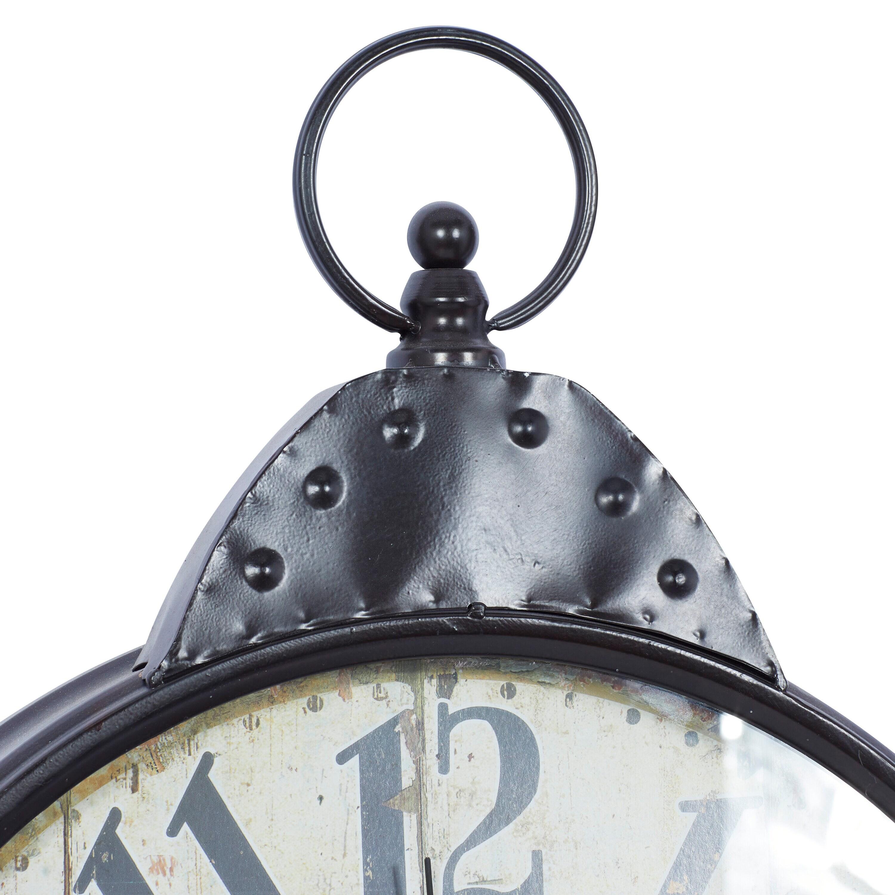 DecMode 20" Black Metal Finial Distressed Pocket Watch Inspired Wall Clock with Beige Clockface