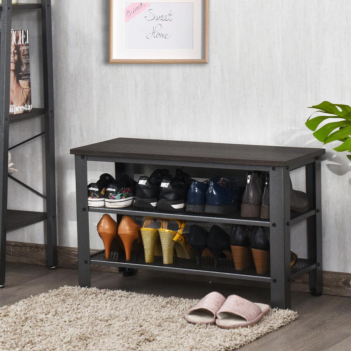 Tangkula 3-Tier Industrial Shoe Rack Entryway Bench with Mesh Storage Shelf