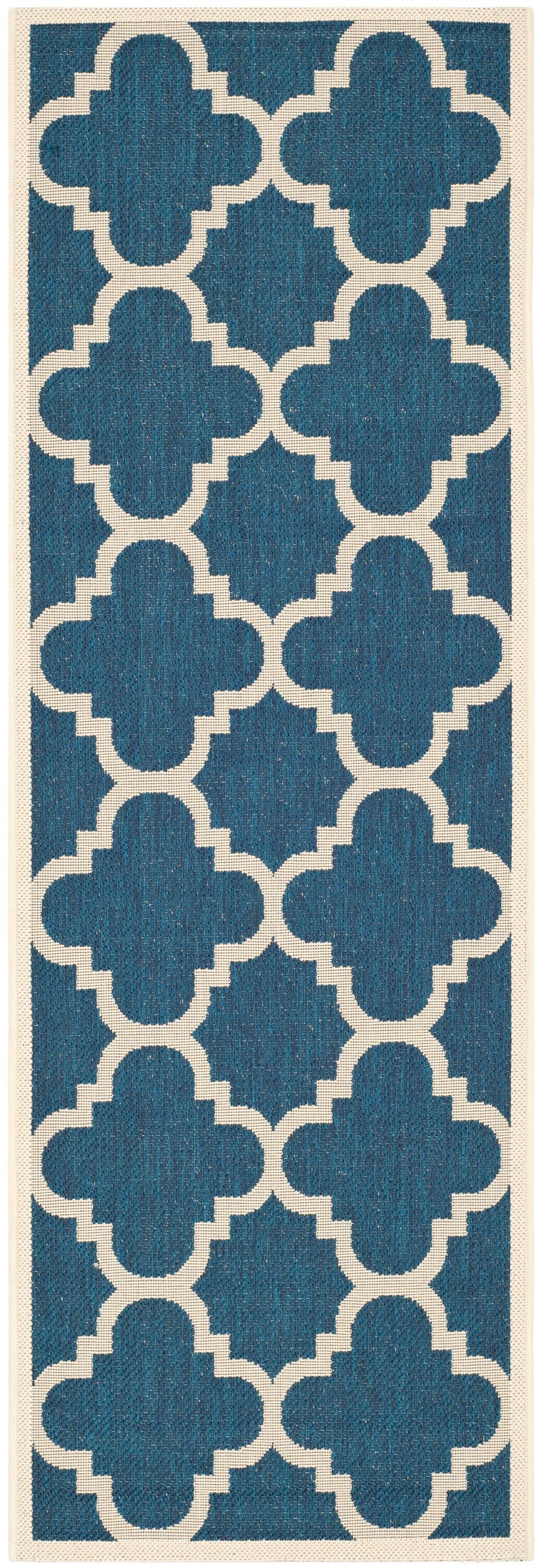 Navy and Beige Moroccan Trellis Indoor/Outdoor Runner Rug