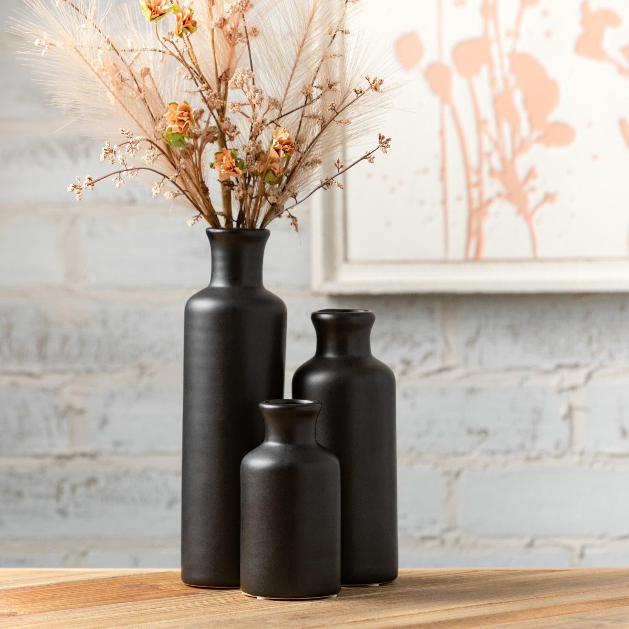 Sullivans Matte Black Set of 3 Small Ceramic Bottle Vases 5"H, 7.5"H & 10"H Black