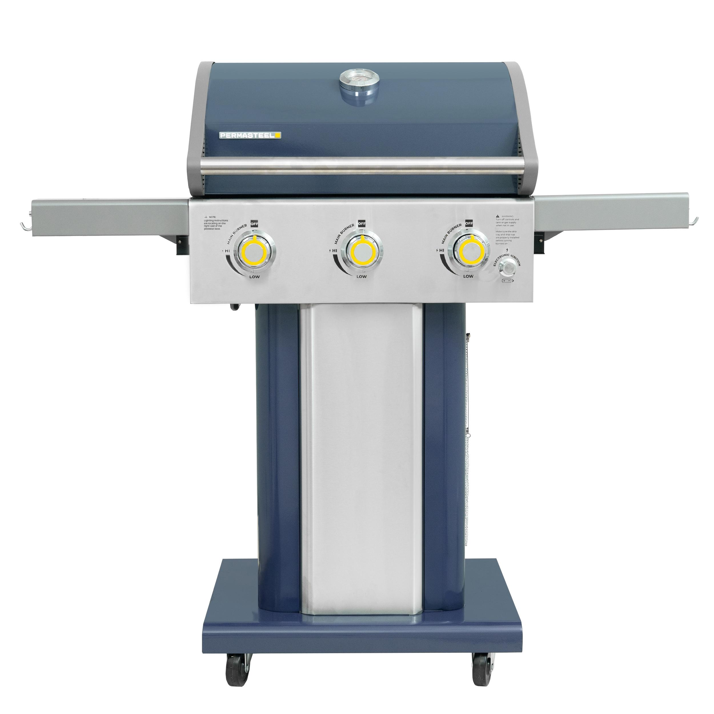 Permasteel 3-Burner Compact Propane Gas Grill with Foldable Side Tables and Grilling Tool Hooks