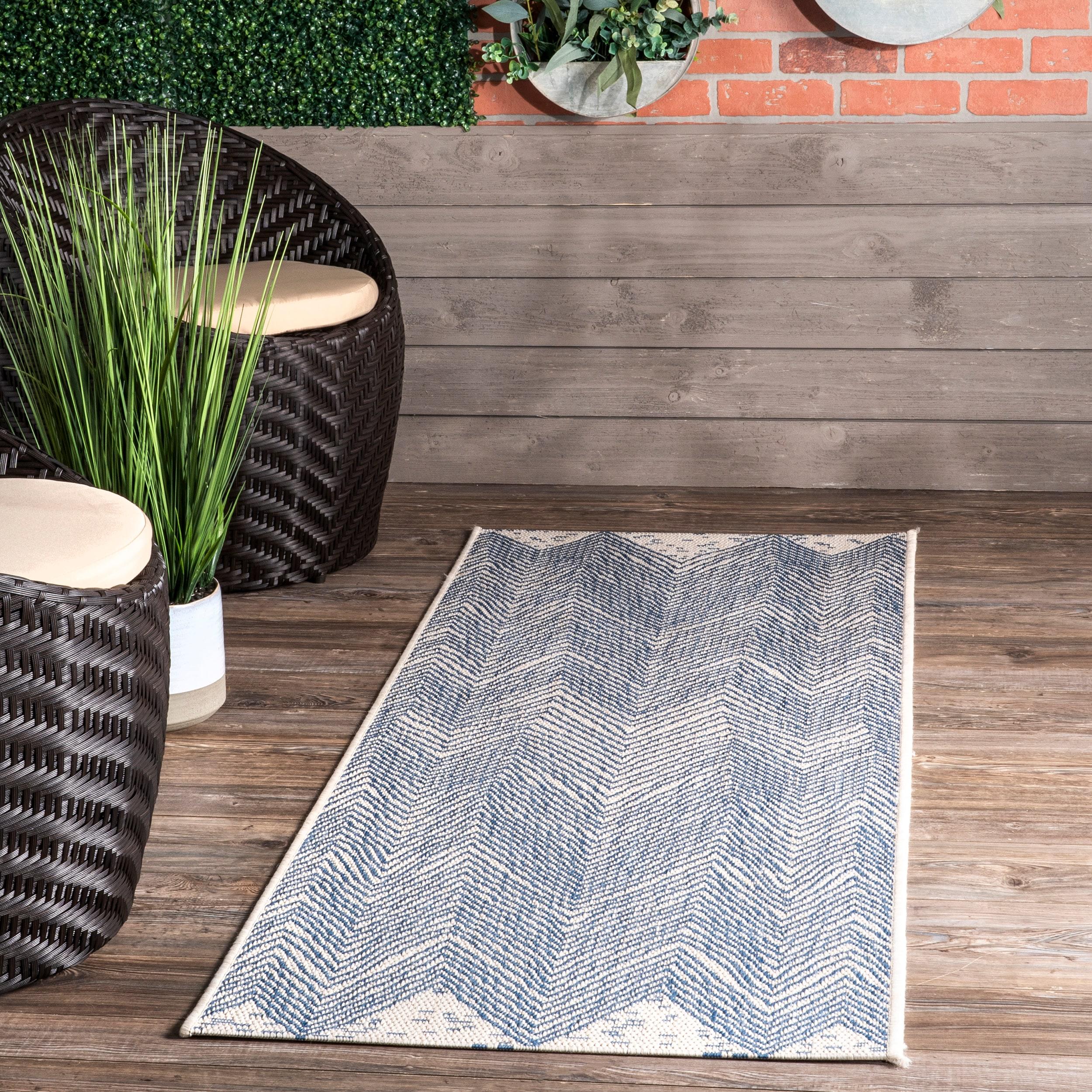 Dunham Abstract Indoor/Outdoor Area Rug for Living Room Patio Deck Front Porch Kitchen, Blue/Ivory