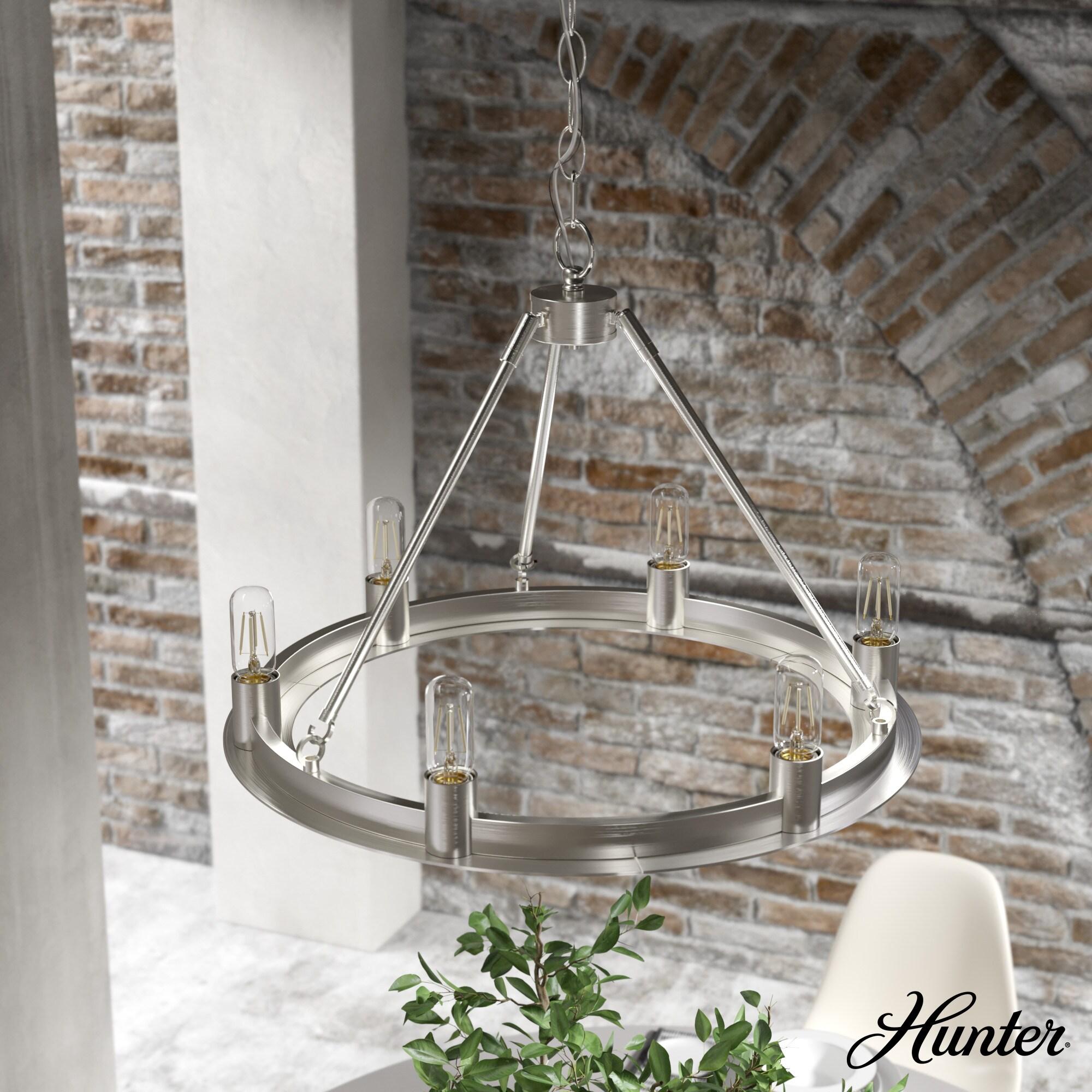 Hunter - Saddlewood 6-light Brushed Nickel, Large Chandelier, Dimmable, Casual Style, Wagon Wheel Shaped, for Bedrooms, Kitchens, Dining, Living Rooms - 19034