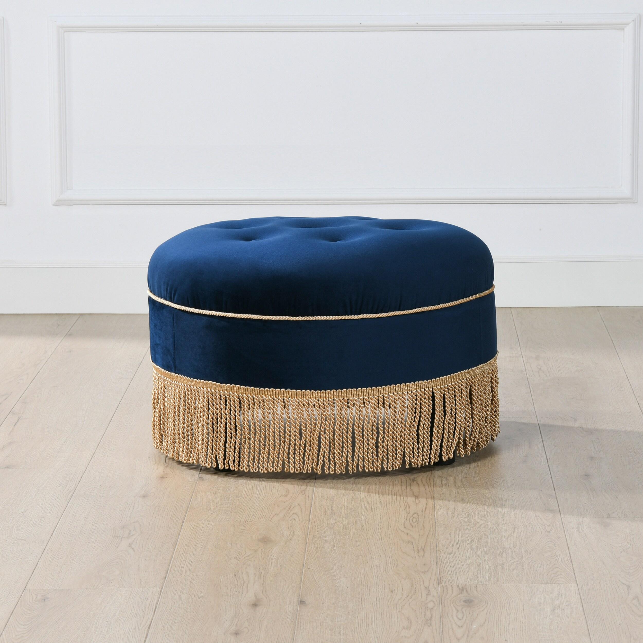 Jennifer Taylor Home Yolanda Upholstered Round Accent Ottoman, Navy Blue Velvet with Gold Trim