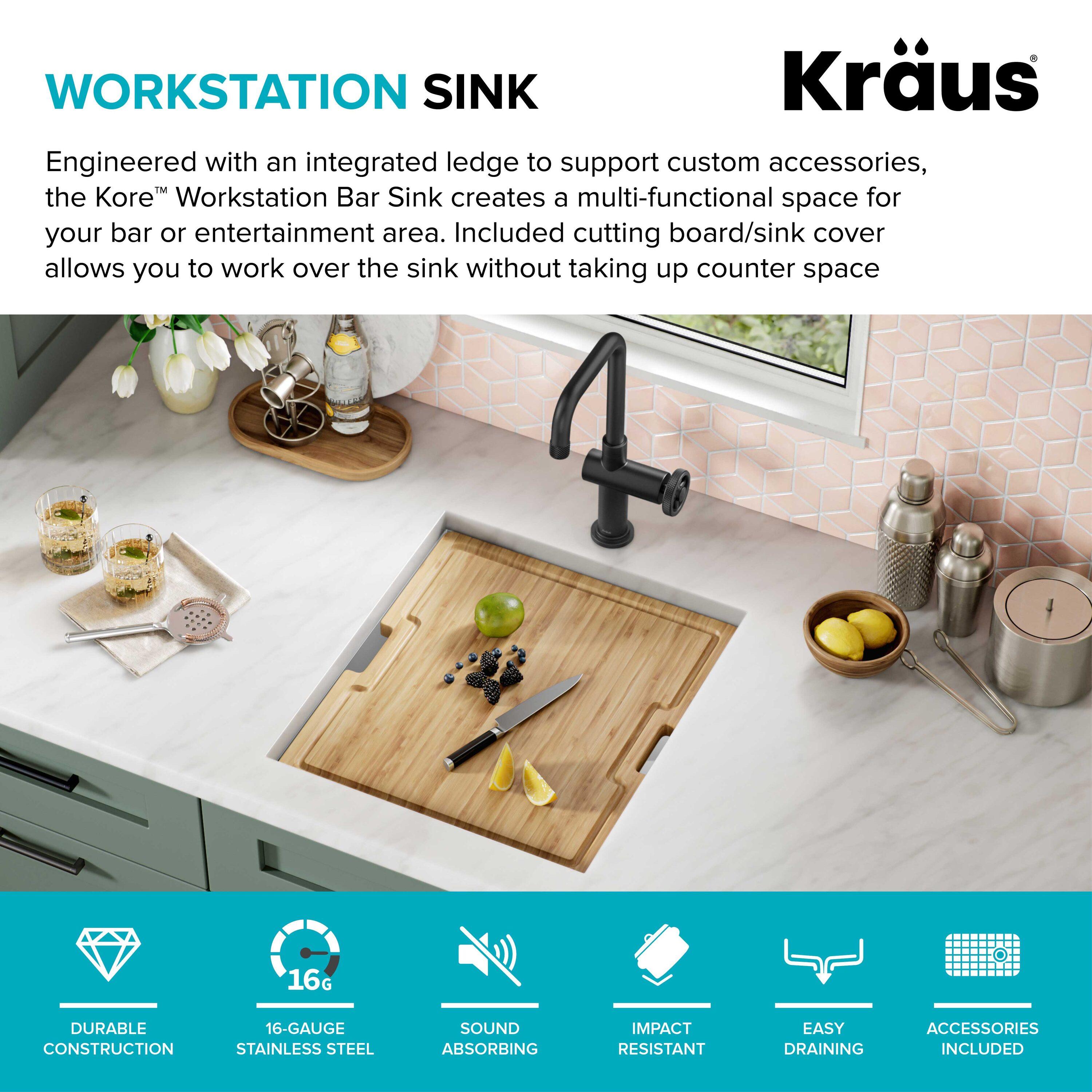 KRAUS Kore™ Workstation 17-inch L Undermount 16 Gauge Single Bowl Stainless Steel Bar Kitchen Sink