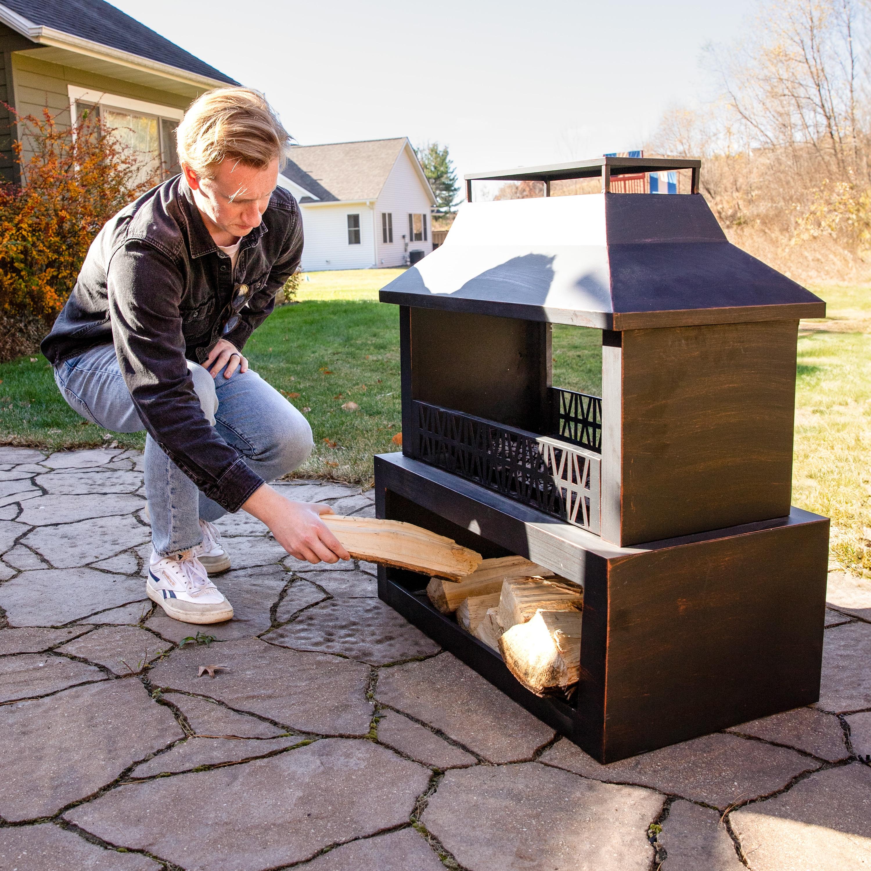 Lark Manor™ Courter 29" Rectangle Bronze Finish Steel Outdoor Fireplace with Log Storage