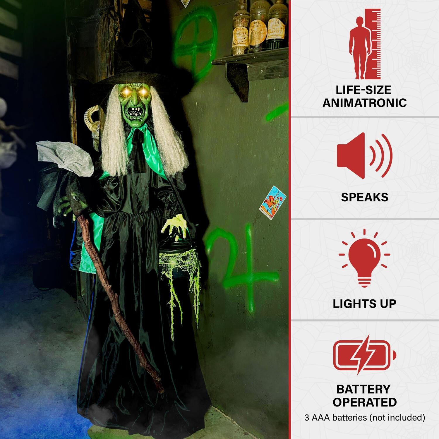 Haunted Hill Farm Lifesize Witch Prop with Lights and Sound, Indoor/Covered Outdoor Halloween Decoration