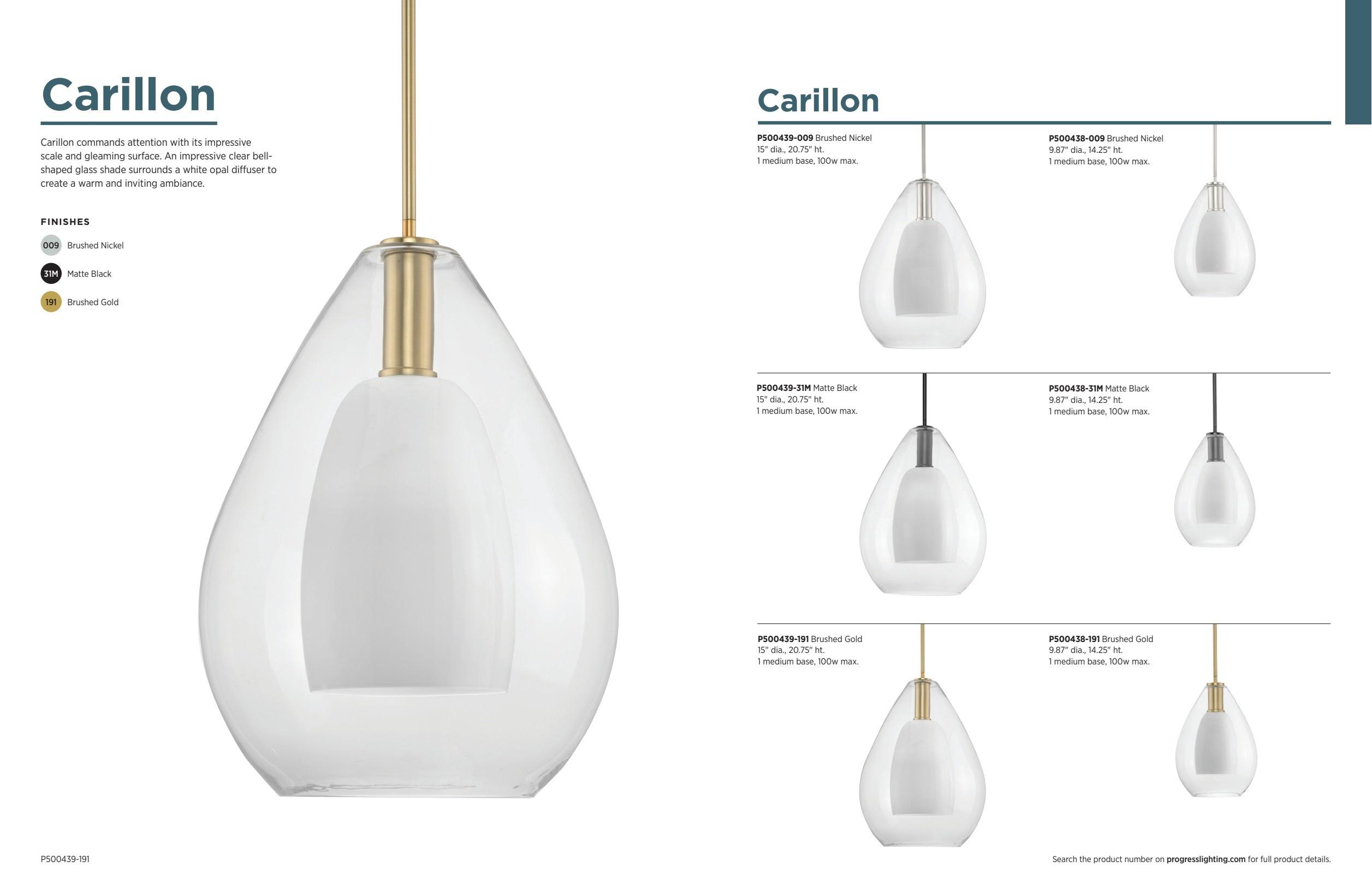 Progress Lighting Carillon 1-Light Pendant, Brushed Gold, Clear and Opal Glass Shade