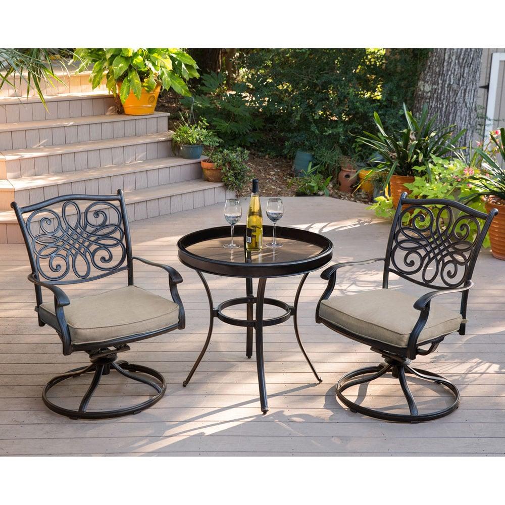 Hanover Traditions 3-Piece Swivel Bistro Set in Tan with 30 in. Glass-top Table