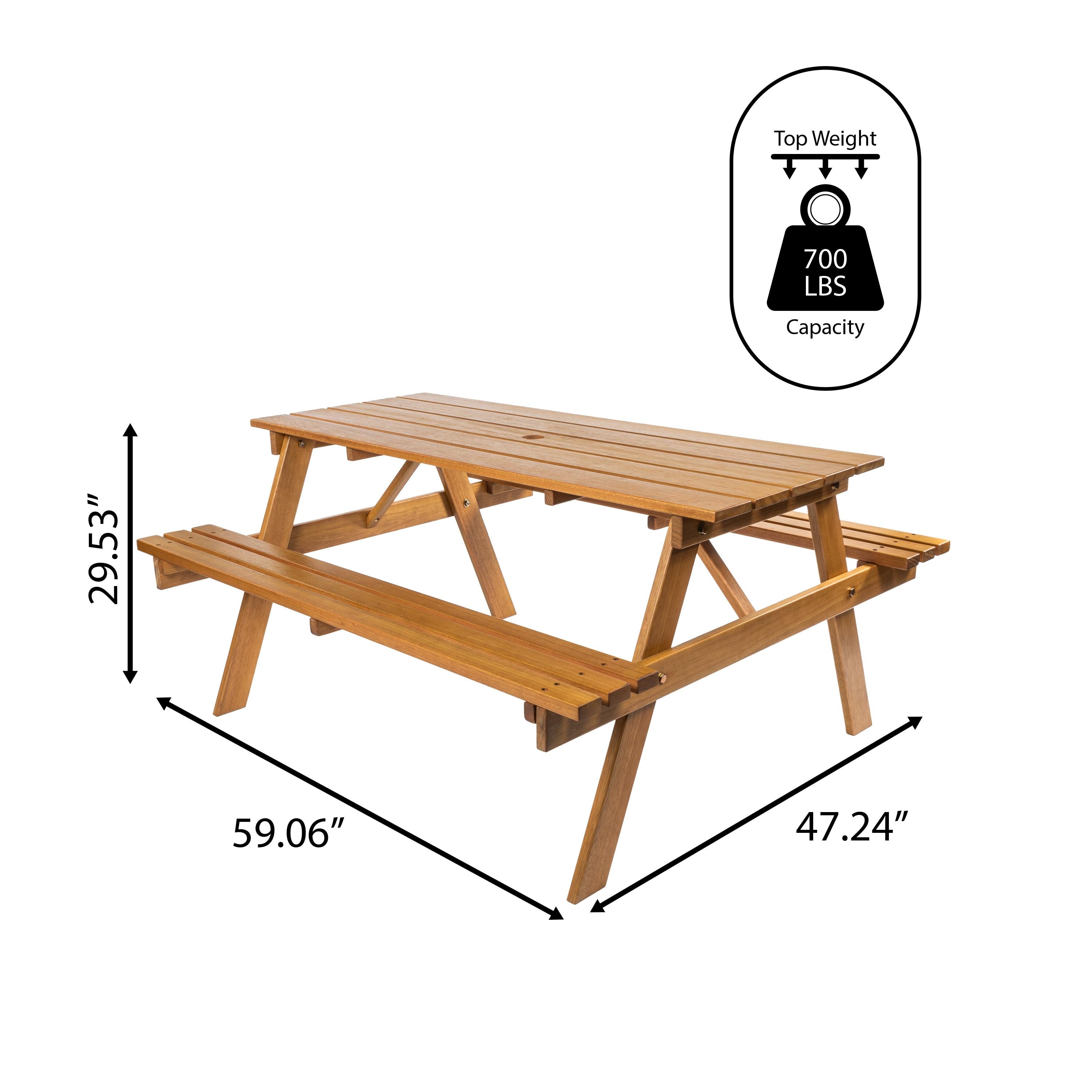 Shoreham 59" Modern Classic Outdoor Wood Picnic Table Benches with Umbrella Hole, Teak Brown - JONATHAN Y