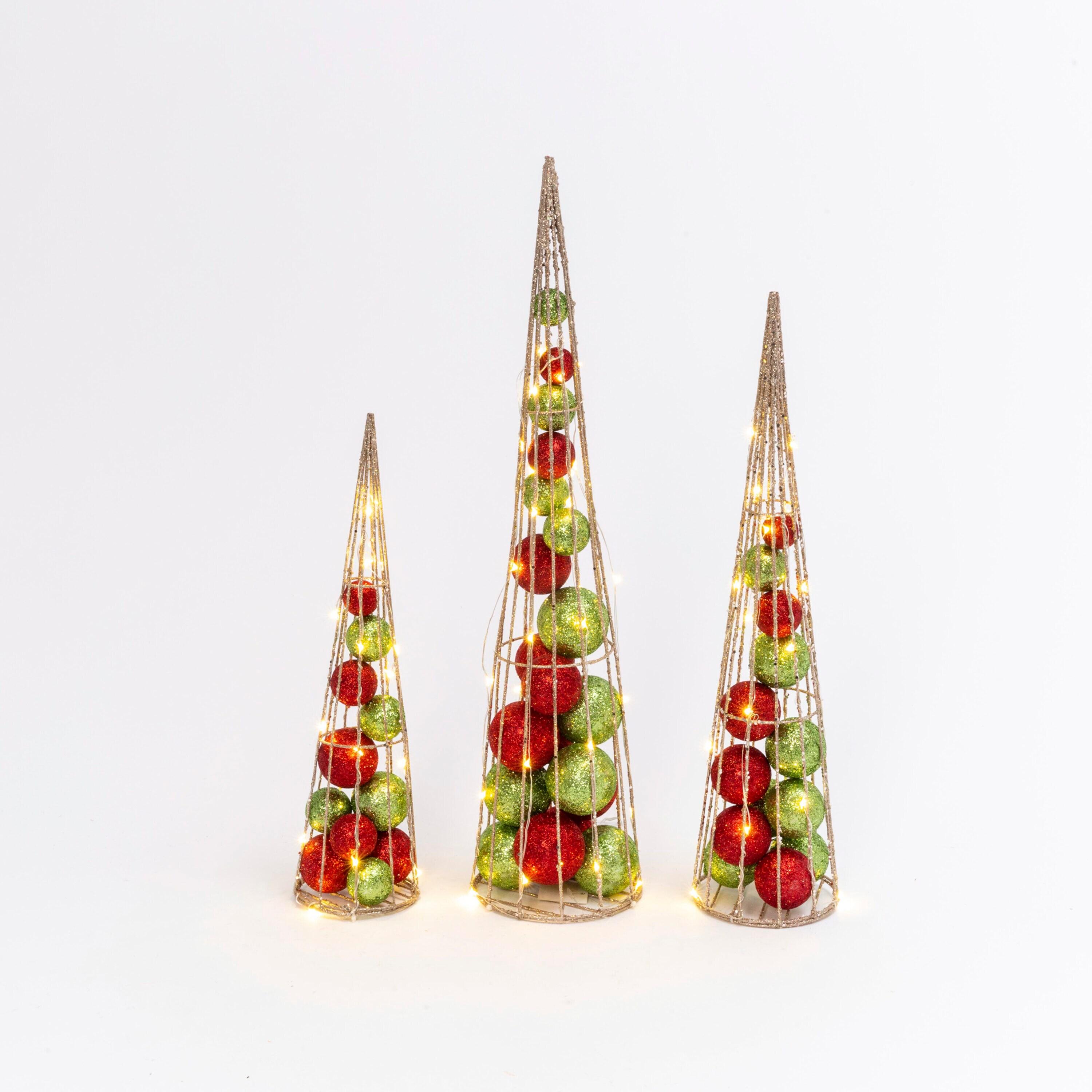 Gerson 2550120 Set of 3 Battery Operated Lighted Ornament Filled Cone Trees, Large is 24-inch Height