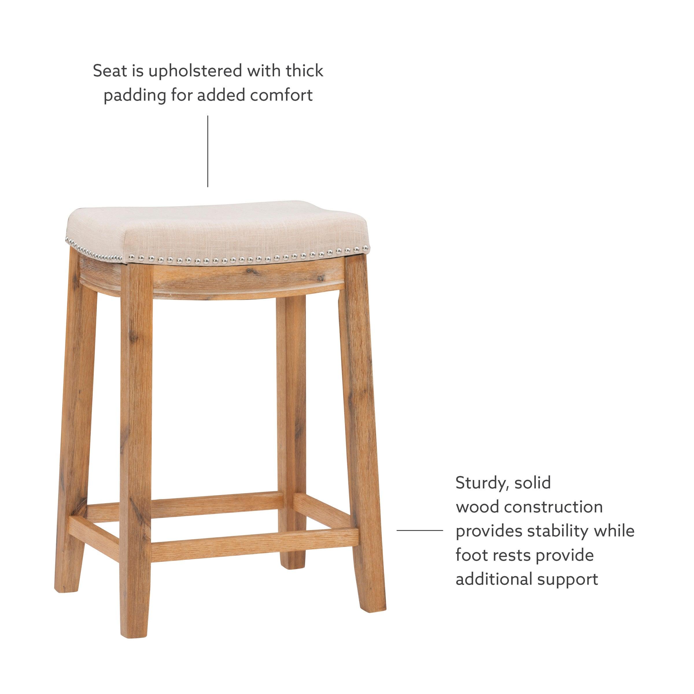 Claridge Backless Nailhead Saddle Acacia Counter Height Barstool Natural - Linon: Chic Beige Linen Seat, Rubberwood