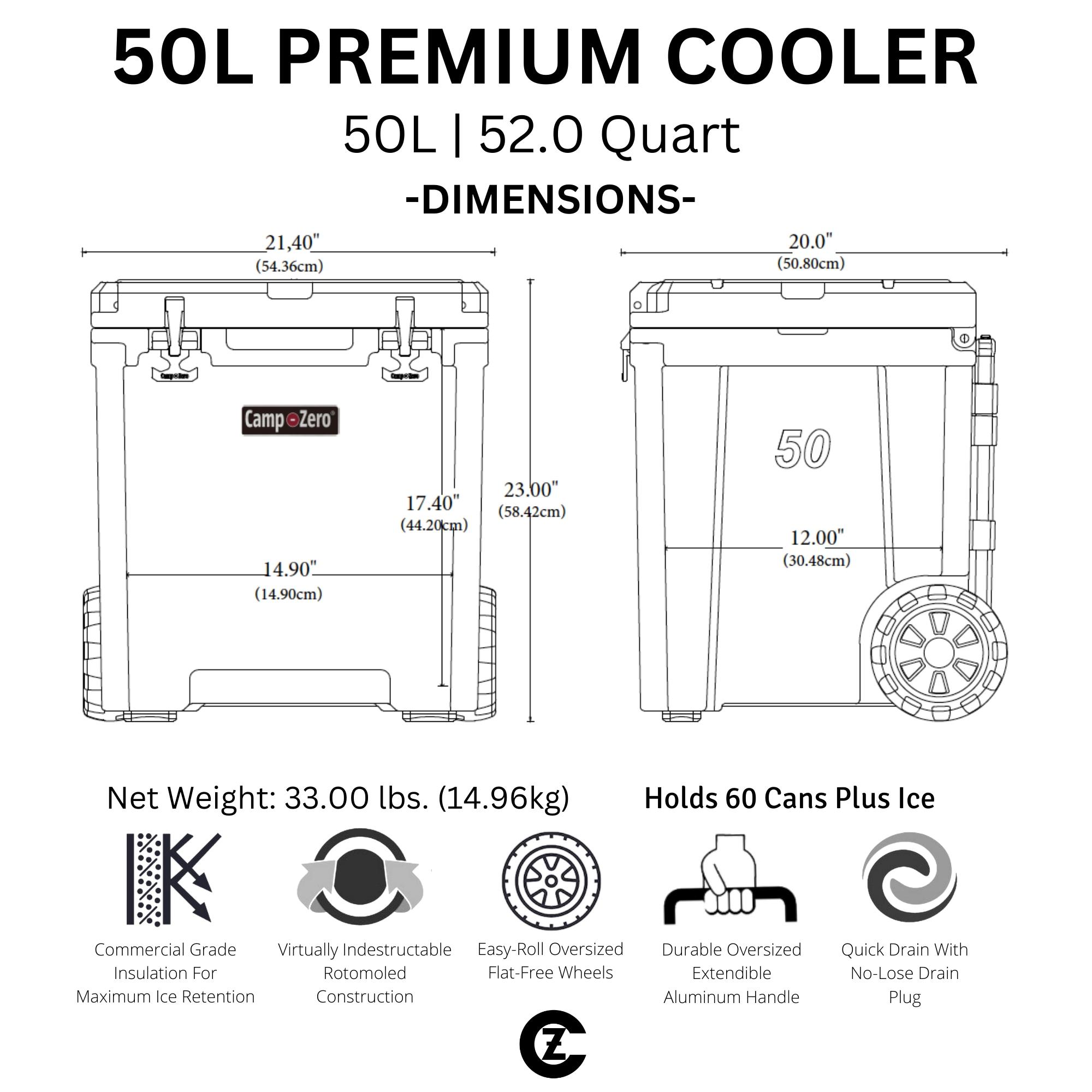 Camp-Zero 50 - 52 Qt. Premium Chest Cooler with Easy-Roll Wheels White