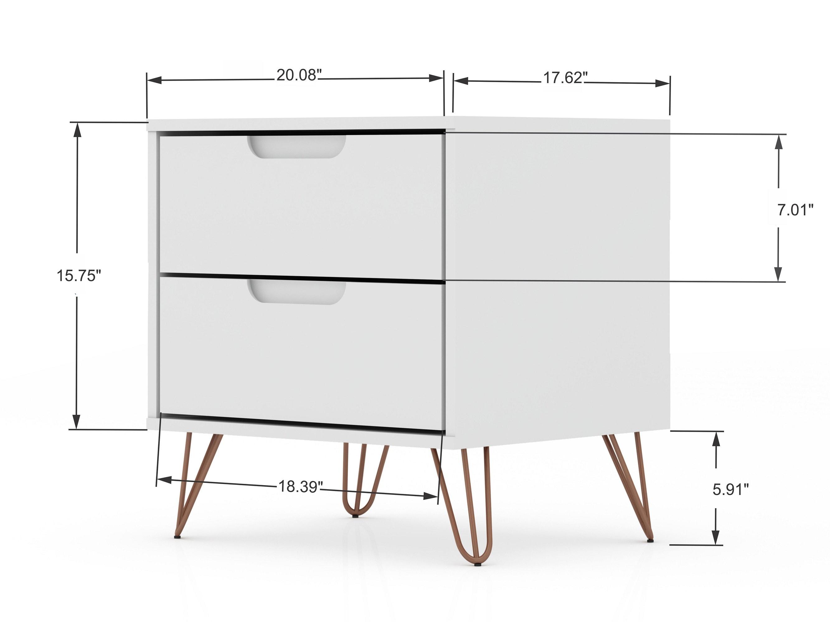 Set of 2 Rockefeller 2 Drawer Nightstands White - Manhattan Comfort: Modern Splayed Metal Legs, MDF