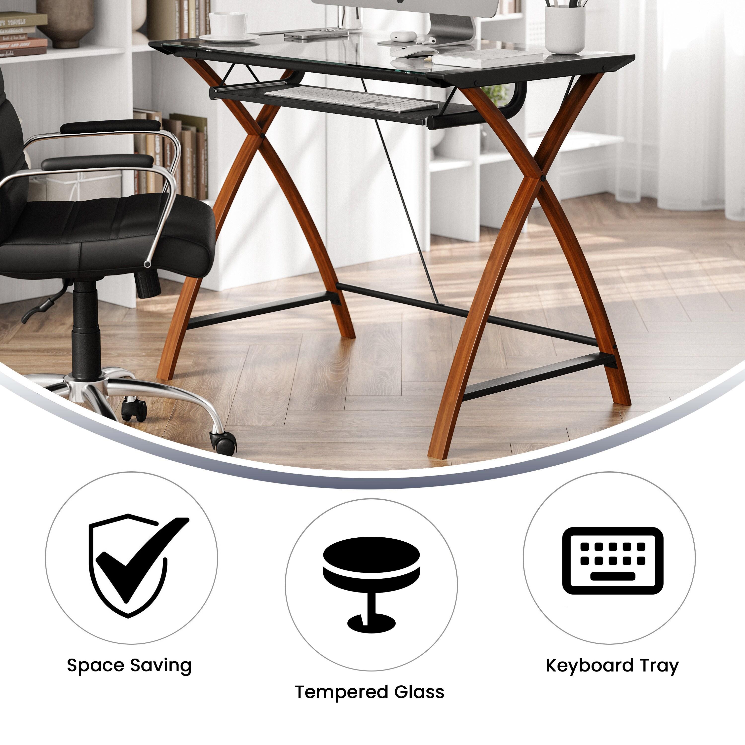 Flash Furniture Jude Tempered Glass Computer Desk with Pull-Out Keyboard Tray, Cherry/Clear