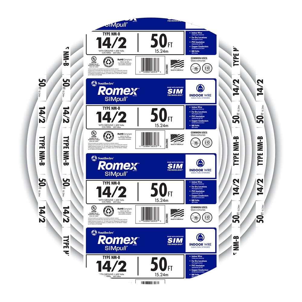 Southwire 28827422 50' 14/2 with ground Romex brand SIMpull residential indoor electrical wire type NM-B White