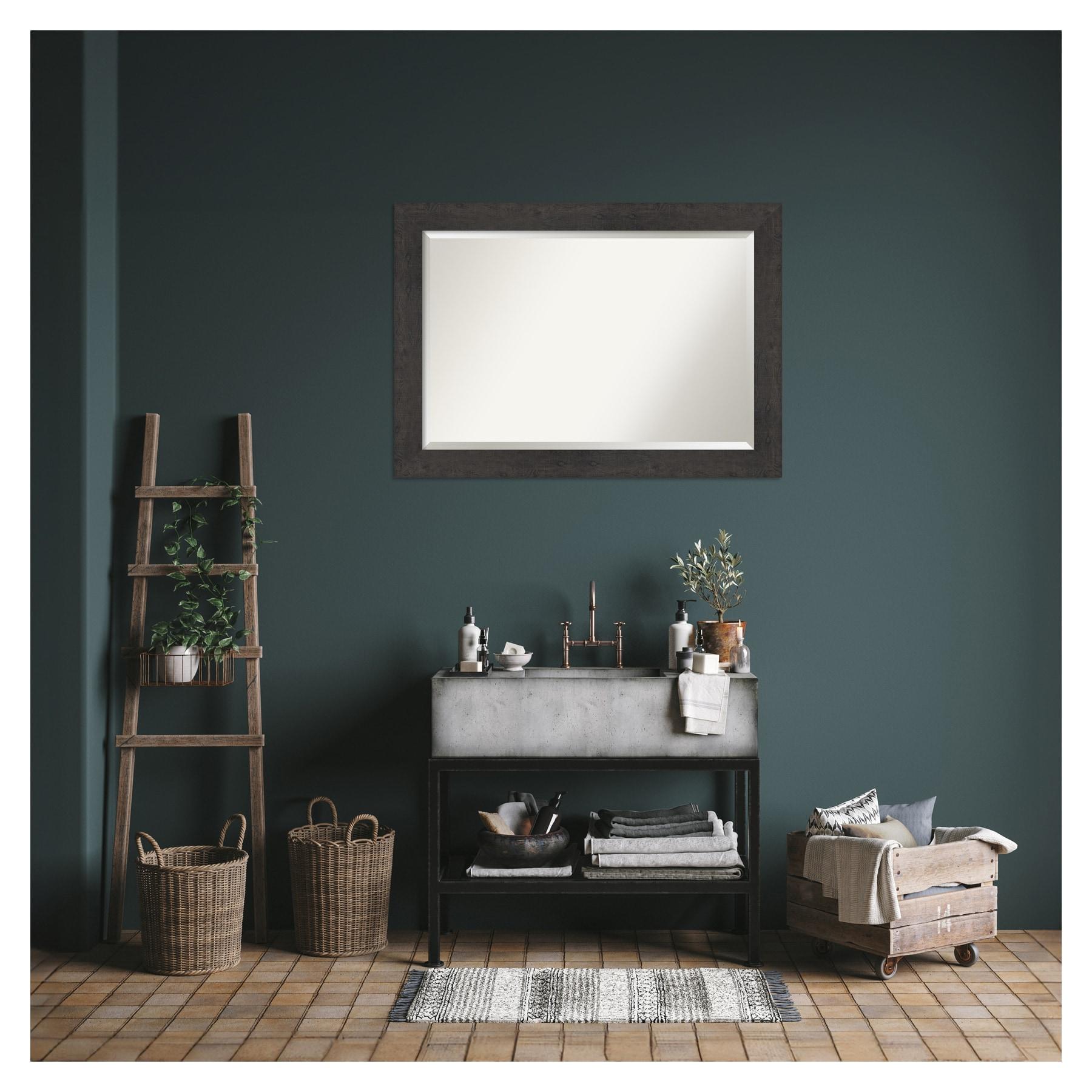 Amanti Art Beveled Bathroom Wall Mirror - Rustic Plank Espresso Frame Outer Size: 41 x 29 in