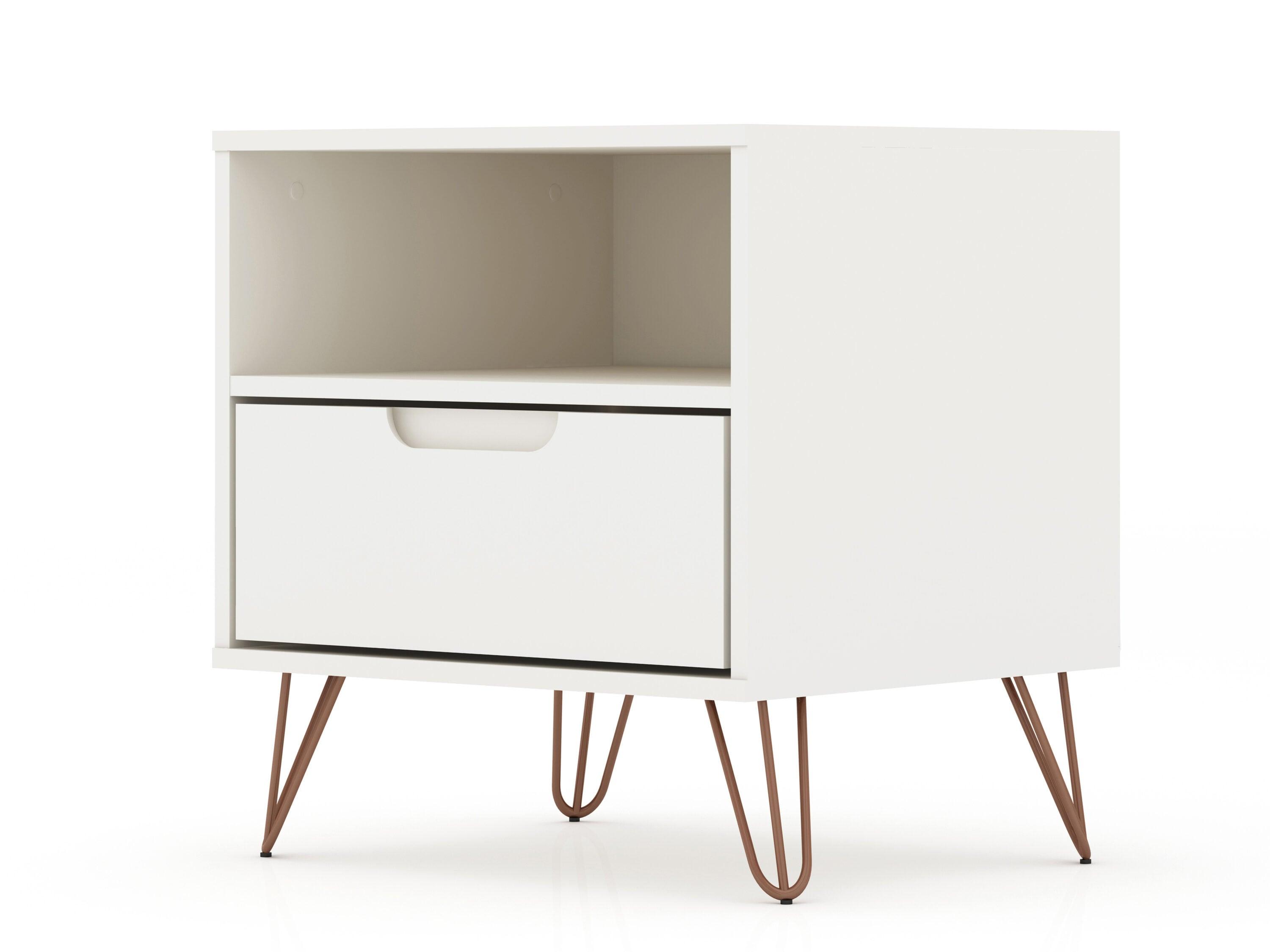 Manhattan Comfort 1.0 Rockefeller Nightstand White: Modern Bedside Table with Storage & Shelving