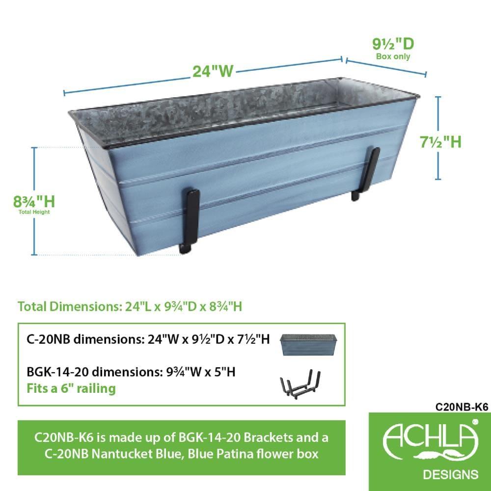 24" Medium Galvanized Steel Rectangular Box Planter with Brackets for 2 x 6 Railings Nantucket Blue - ACHLA Designs: Wall-Mountable, Easy Care