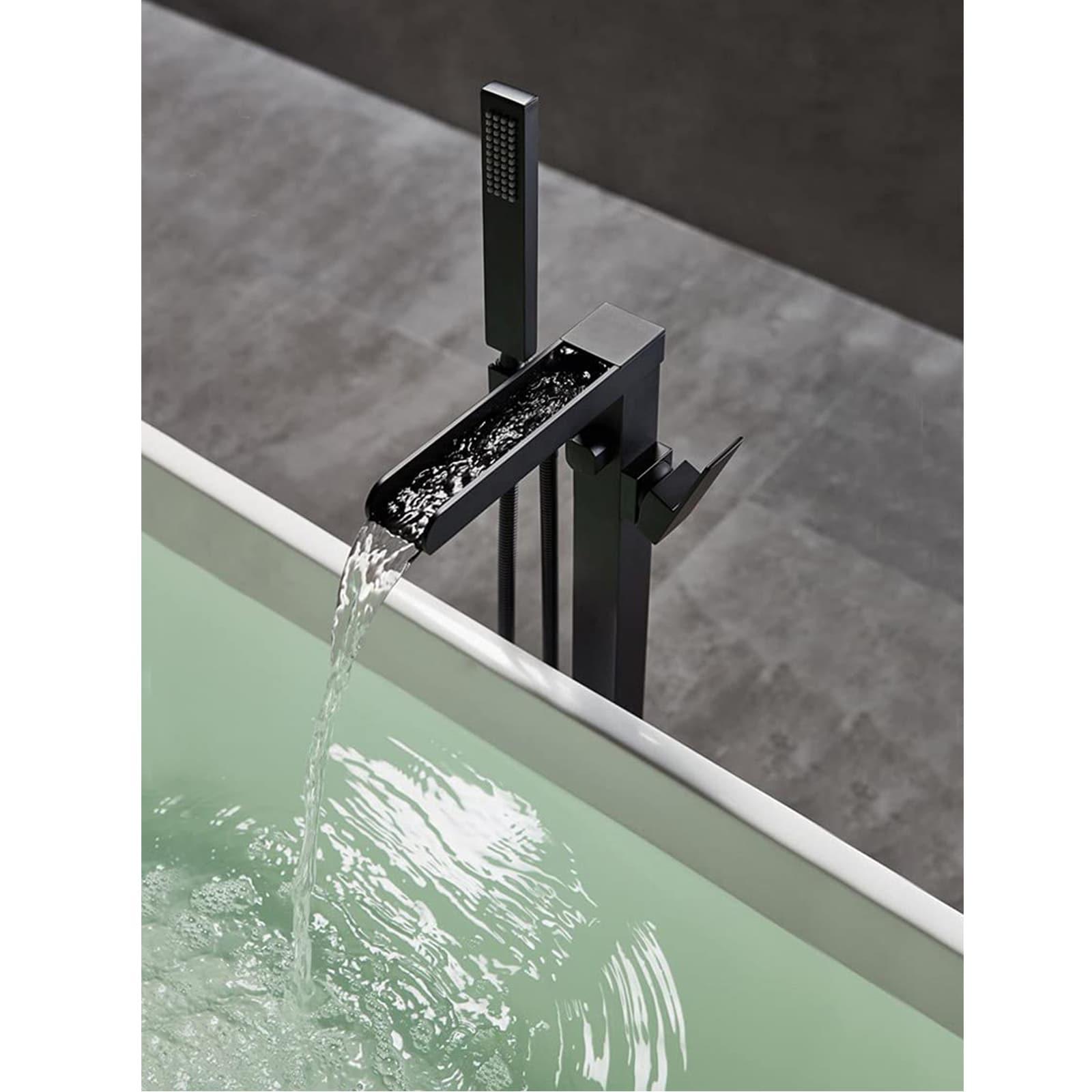 AlenArtWater Waterfall Tub Filler Freestanding Bathtub Faucet Floor Mount Brass Single Handle Bathroom Faucets with Hand Shower 94-LJQKCZ