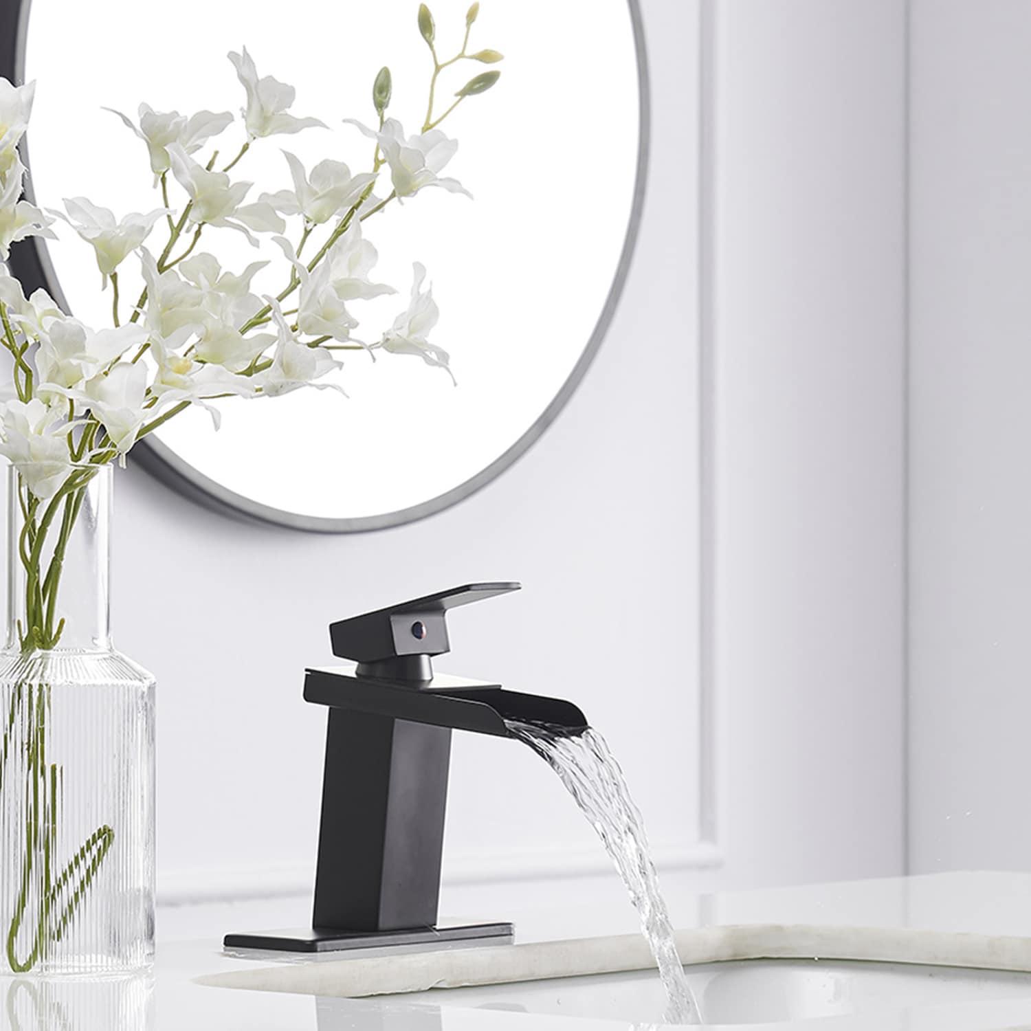 BWE Waterfall Single Hole Single-Handle Low-Arc Bathroom Faucet With Supply Line in Matte Black