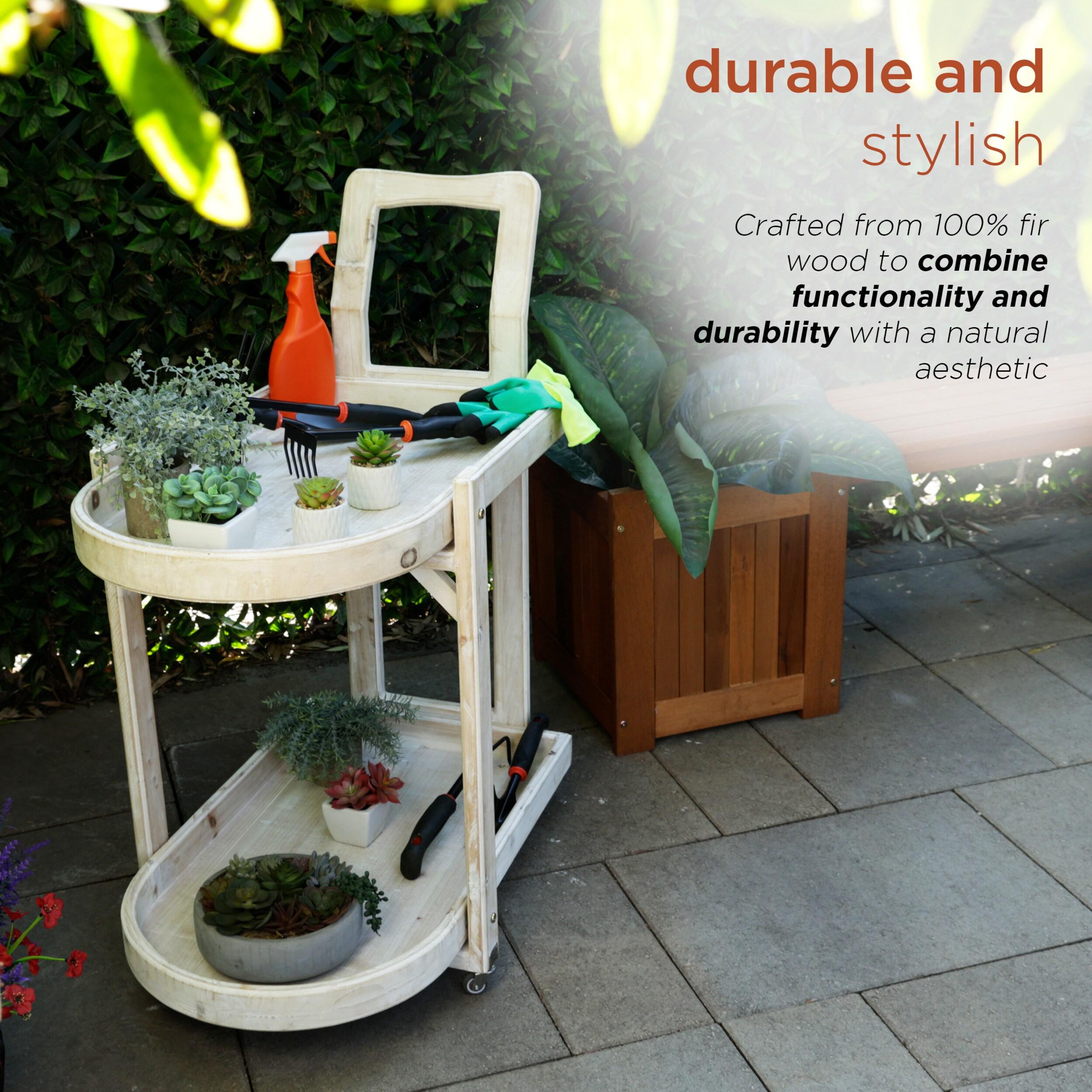 Alpine Corporation MBB174 Wood 2-Tier Rolling Storage Cart for Books, Plants, Decor, Rustic Storage Push Cart with 2 Shelves