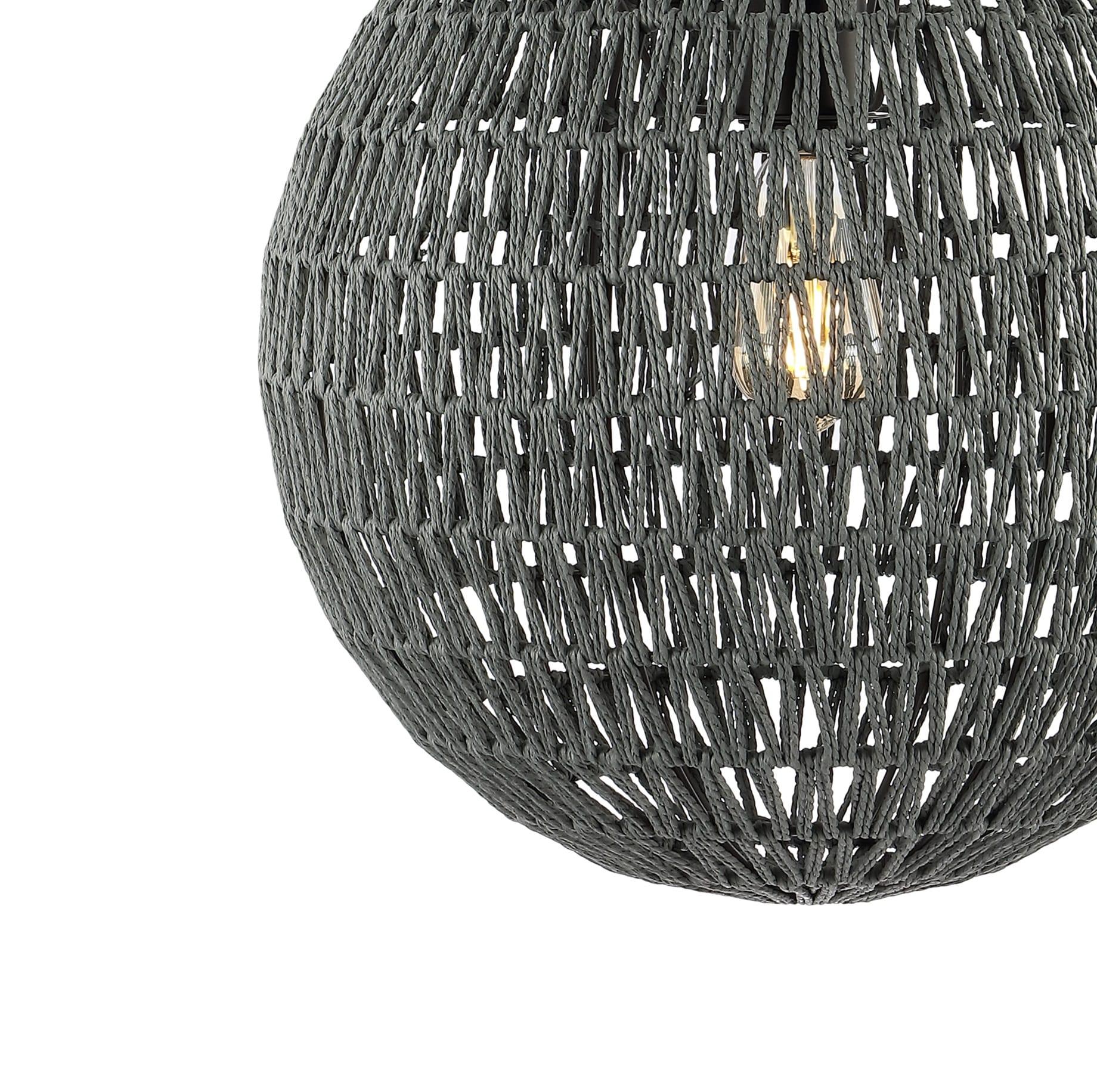 Luna 15.75" 1-Light Bohemian Modern Woven Rattan/Iron LED Pendant, Grey/Black