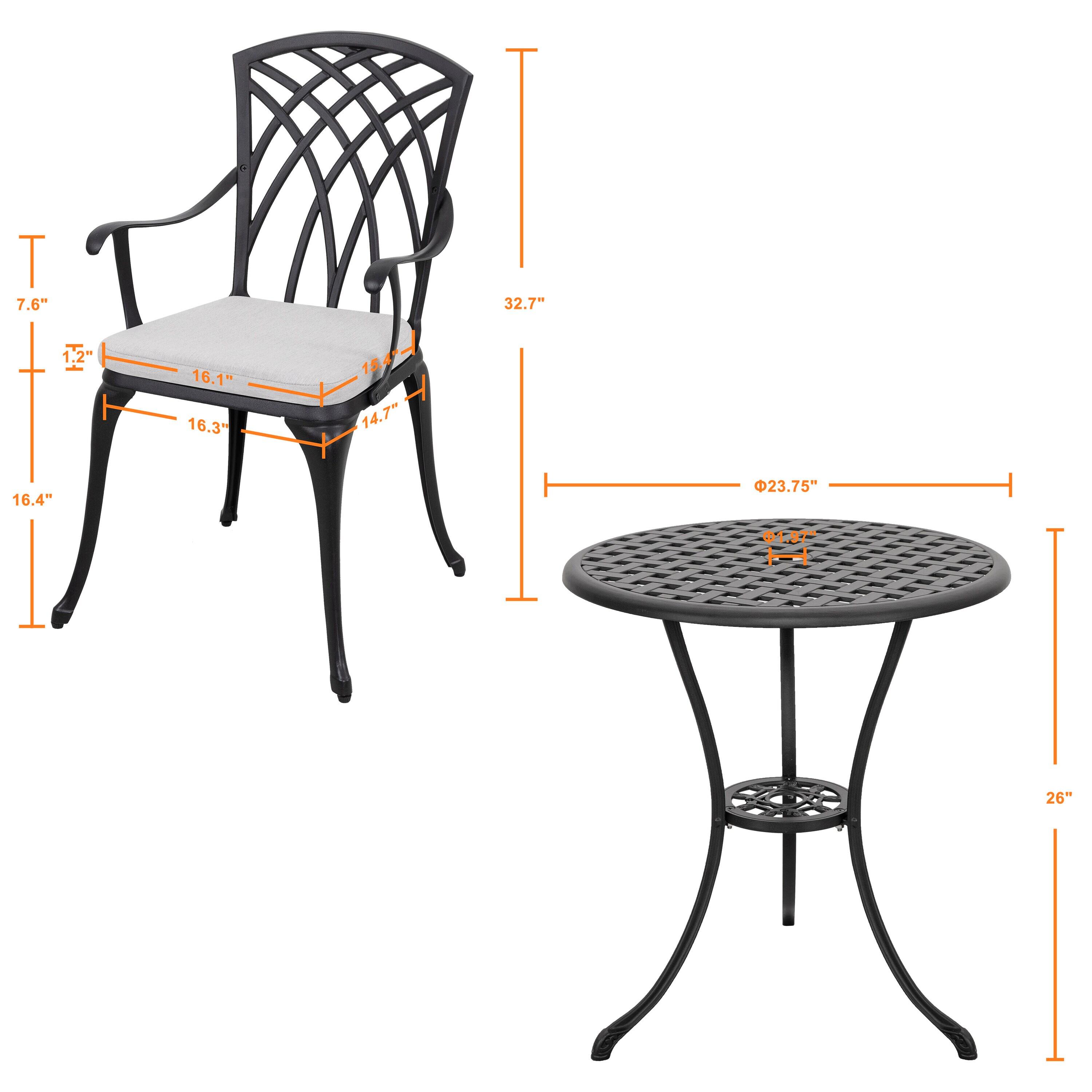 Black Cast Aluminum 3-Piece Bistro Set with Grey Cushions