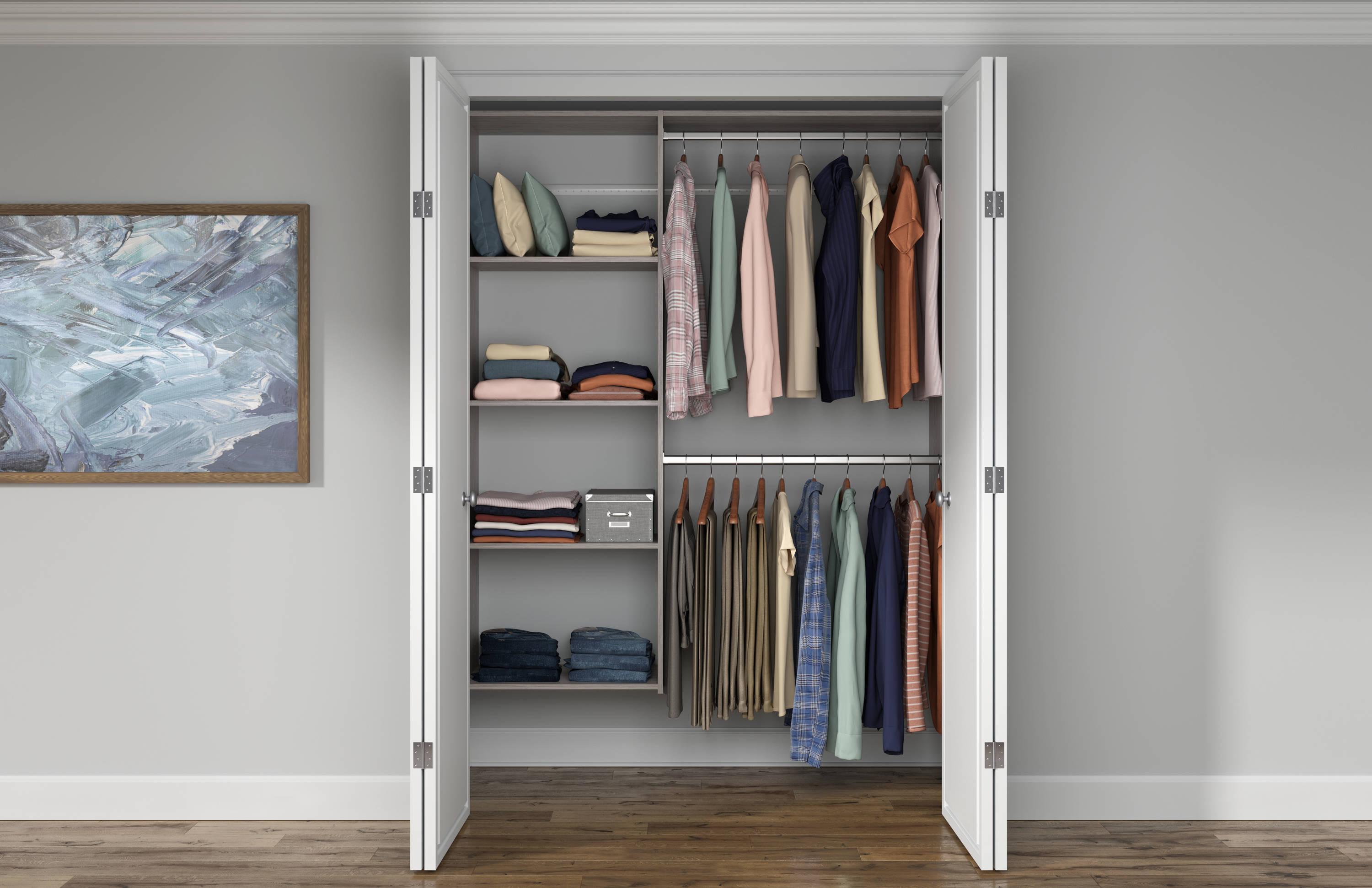 Weathered Grey Medium Wood Closet System with Satin Nickel Hardware