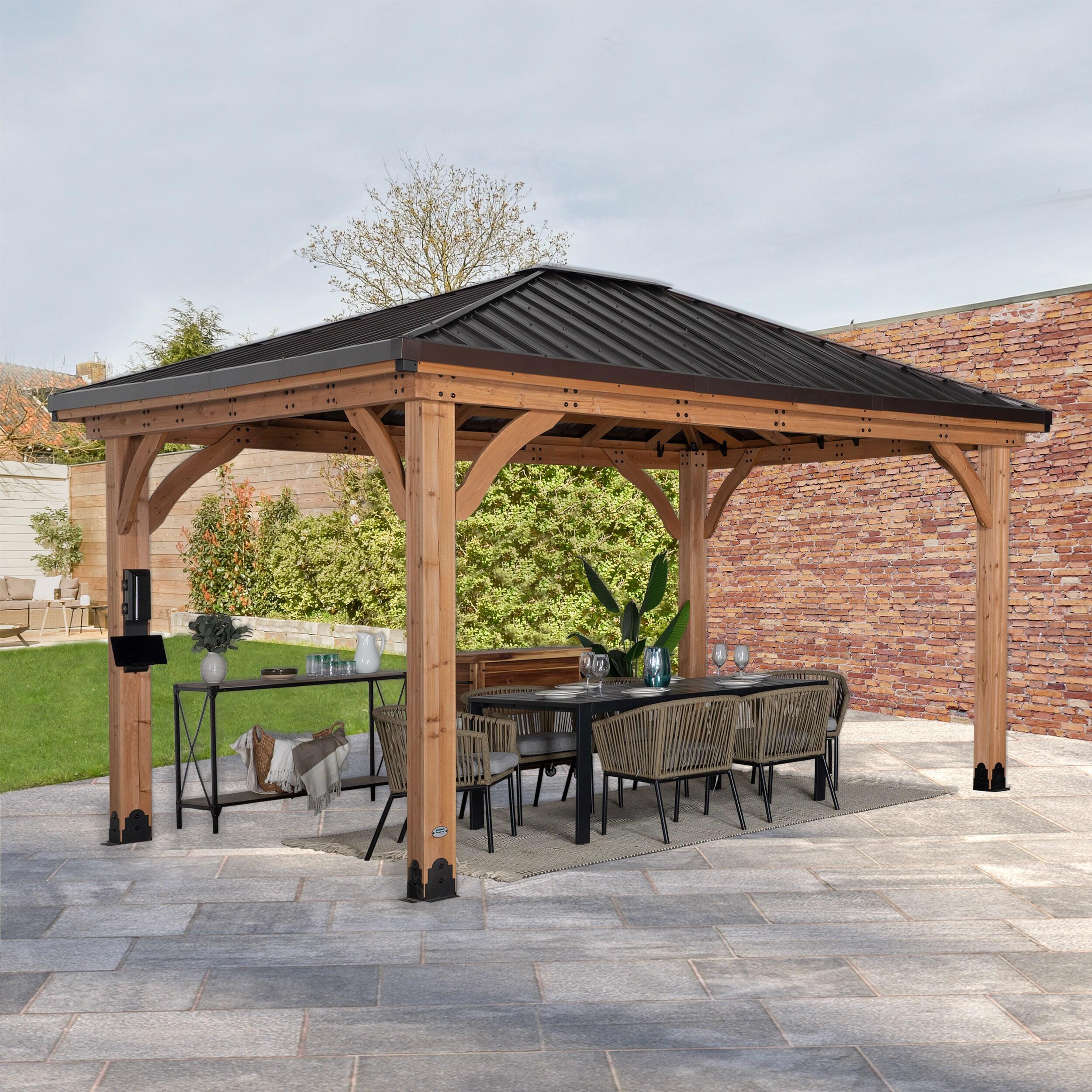 Backyard Discovery Barrington 14' x 12' Cedar Wood Gazebo, Galvanized Steel Roof, PowerPort