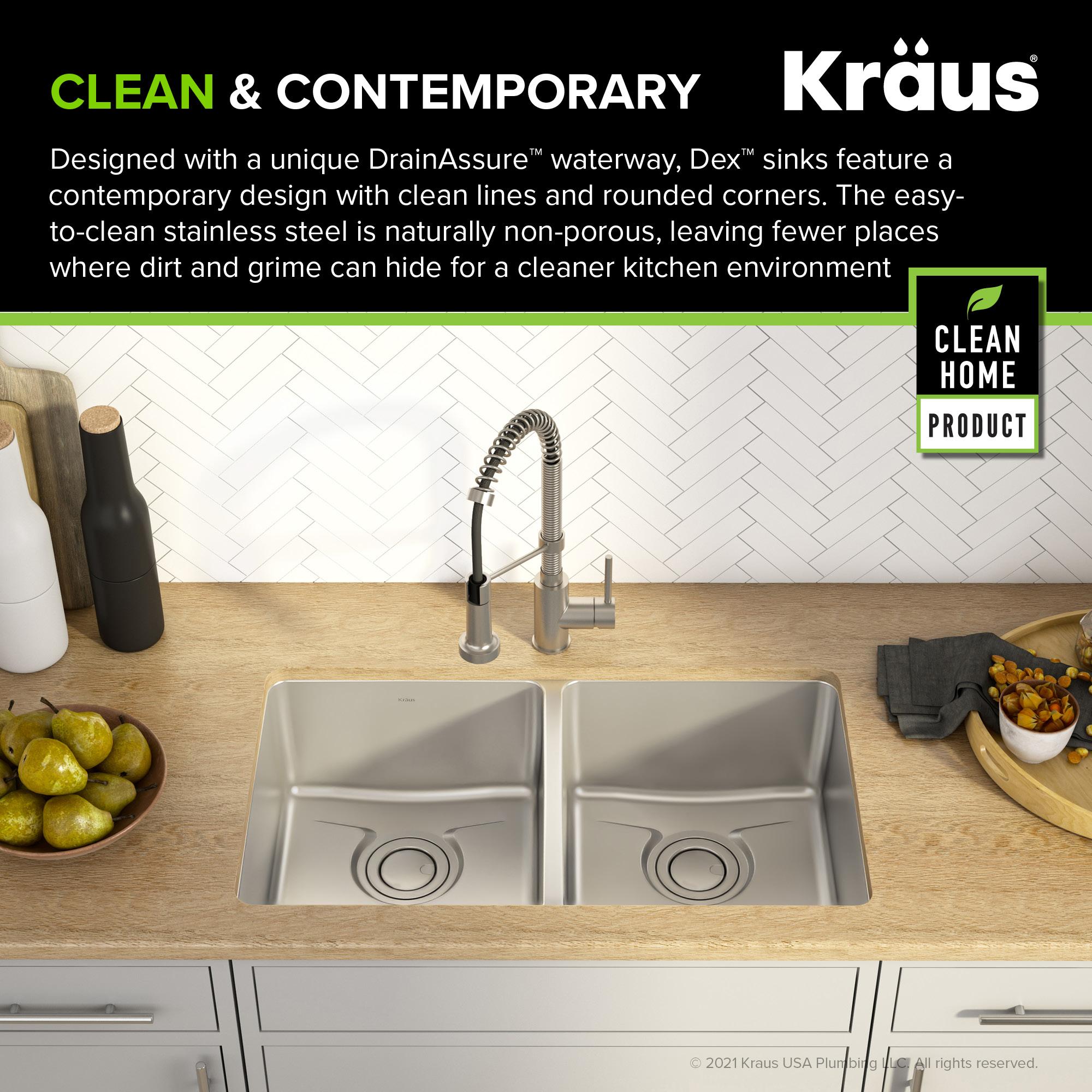 Dex™️ Series KRAUS 33-inch L Undermount 50/50 Double Bowl TRU16 Gauge Stainless Steel Kitchen Sink with DrainAssure WaterWay