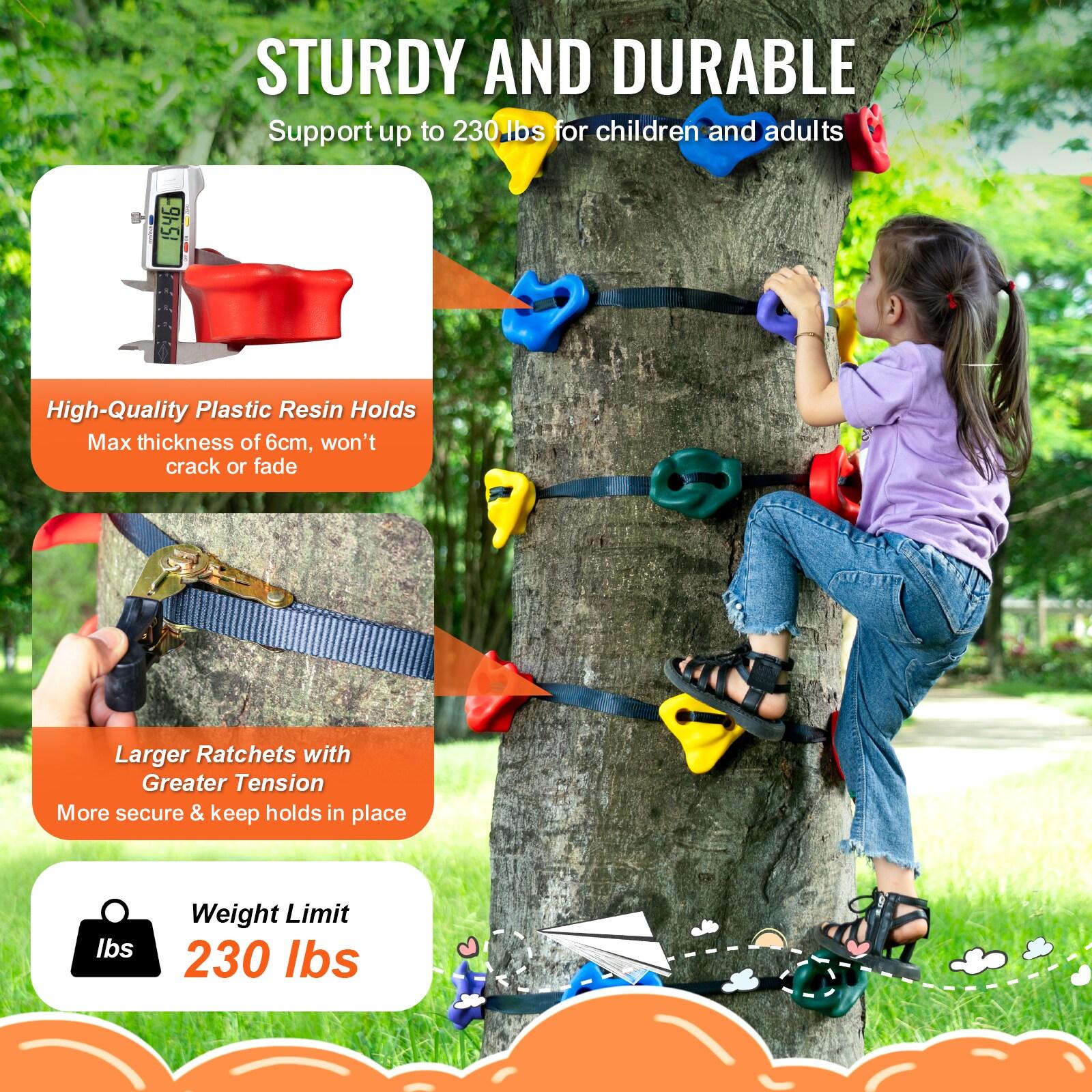 VEVOR Ninja Tree Climbing Kit,20 Tree Climbing Holds and 6 Ratchet Straps,Large Climbing Rocks for Kids and Adults Climber,Various Colors and Shapes