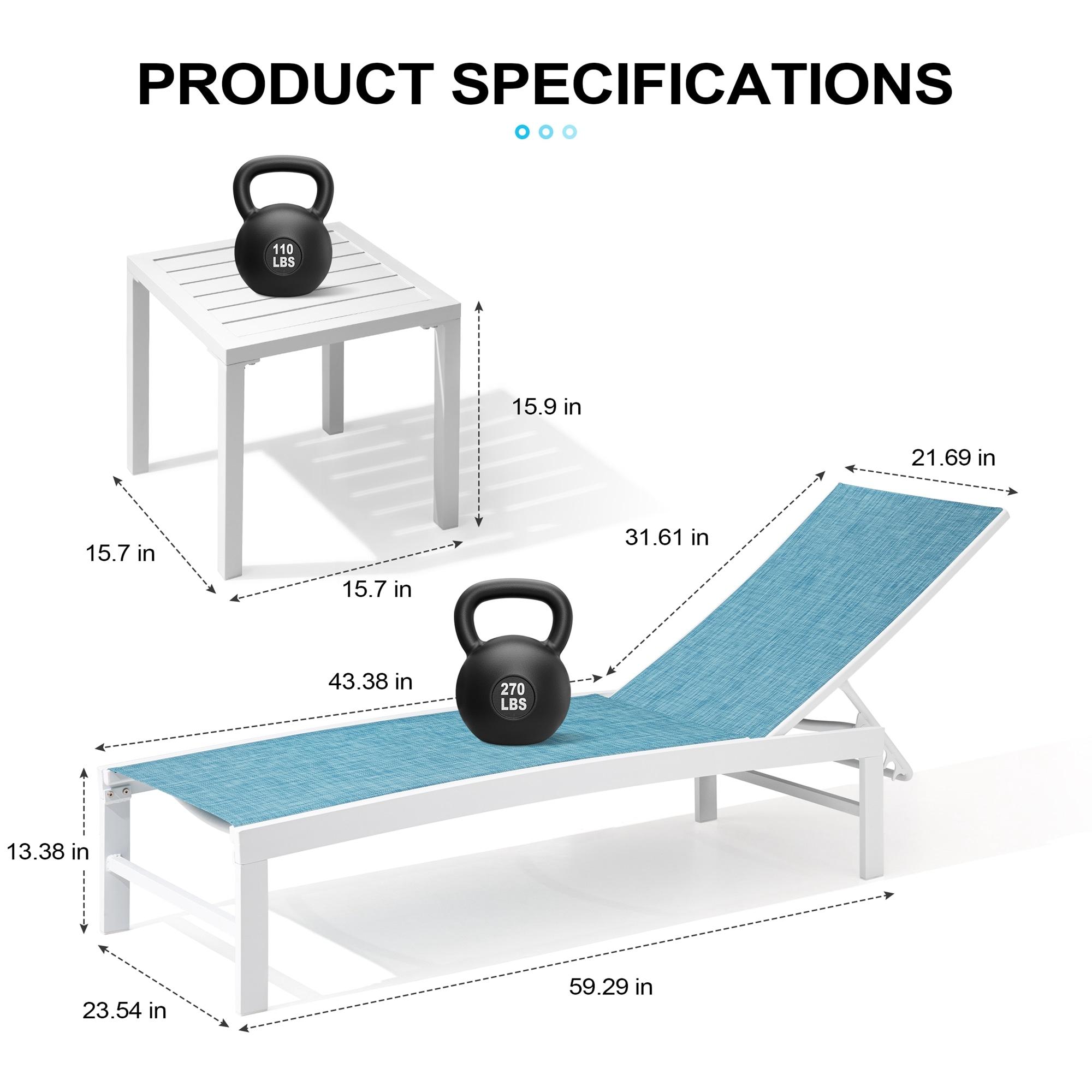 Crestlive Products Set of 3 Outdoor Aluminum Chaise Lounge Chairs and Table, Blue
