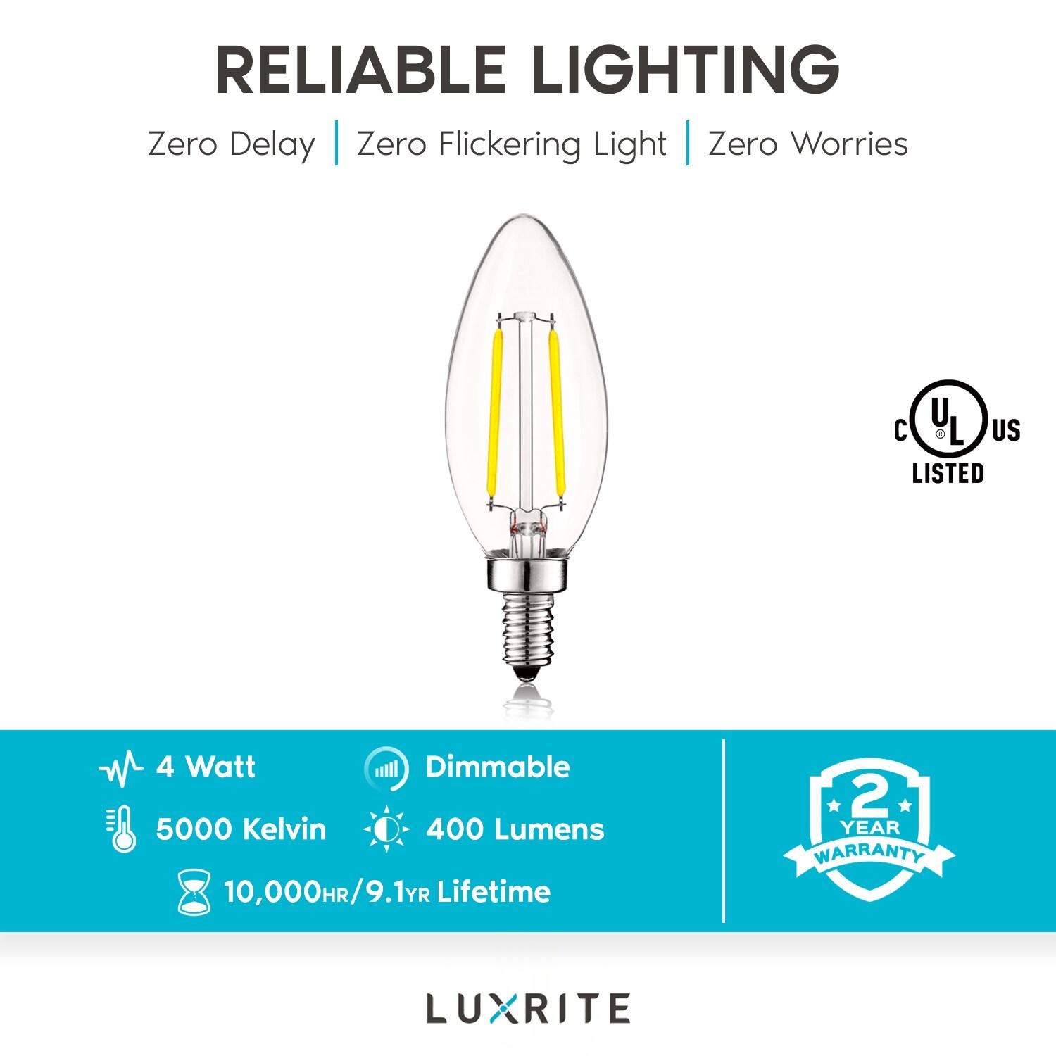 Luxrite 4W Vintage Candelabra LED Bulbs Dimmable, 400 Lumens, 40W Equivalent, Clear Glass, E12 Base (16 Pack) 5000K (Bright White)