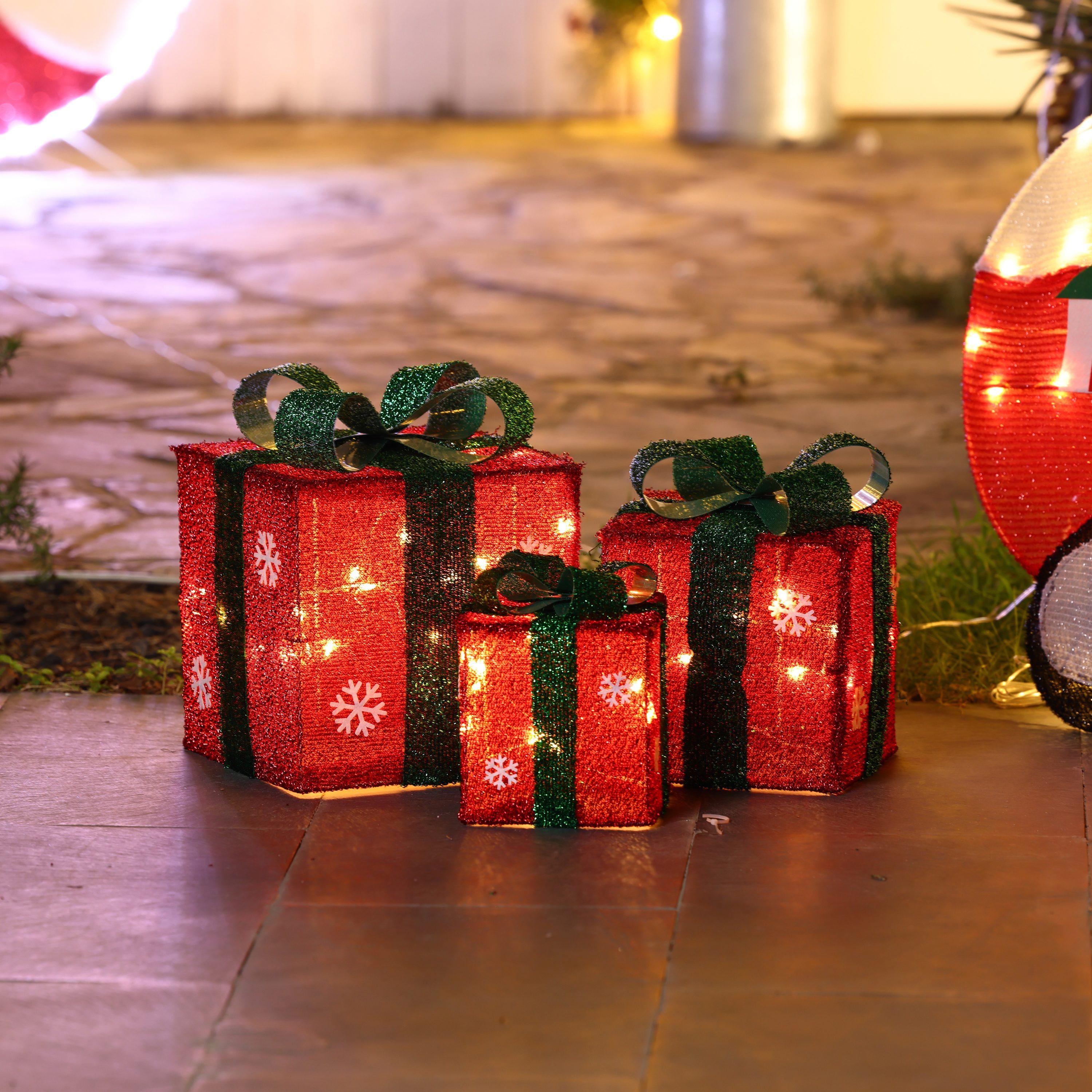 LuxenHome Set of 3 Red and Green Presents with Bows Lighted LED Indoor Outdoor Holiday Decoration
