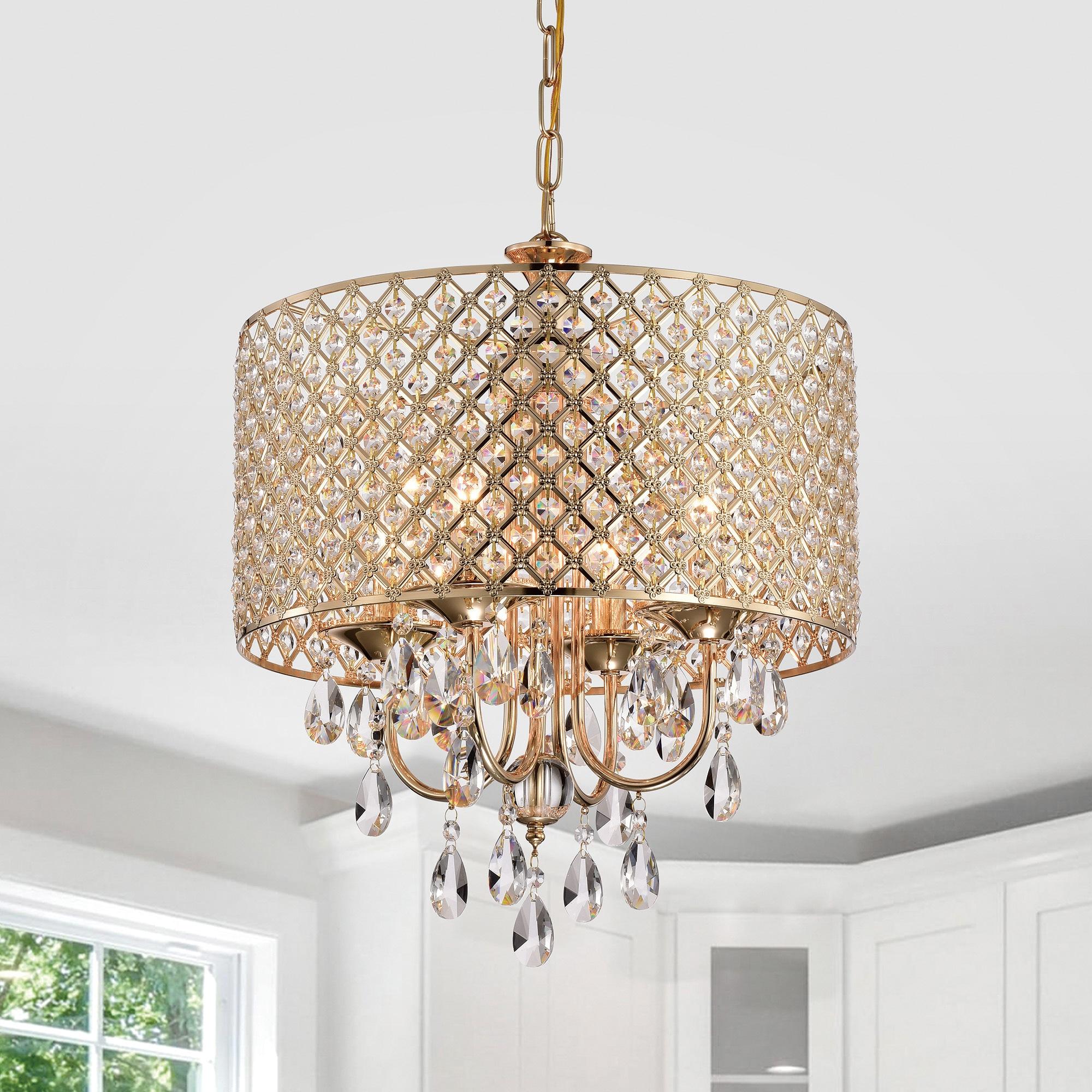 EDVIVI LIGHTING Round Beaded Drum Chandelier with Hanging Crystals Gold 4 17" Gold