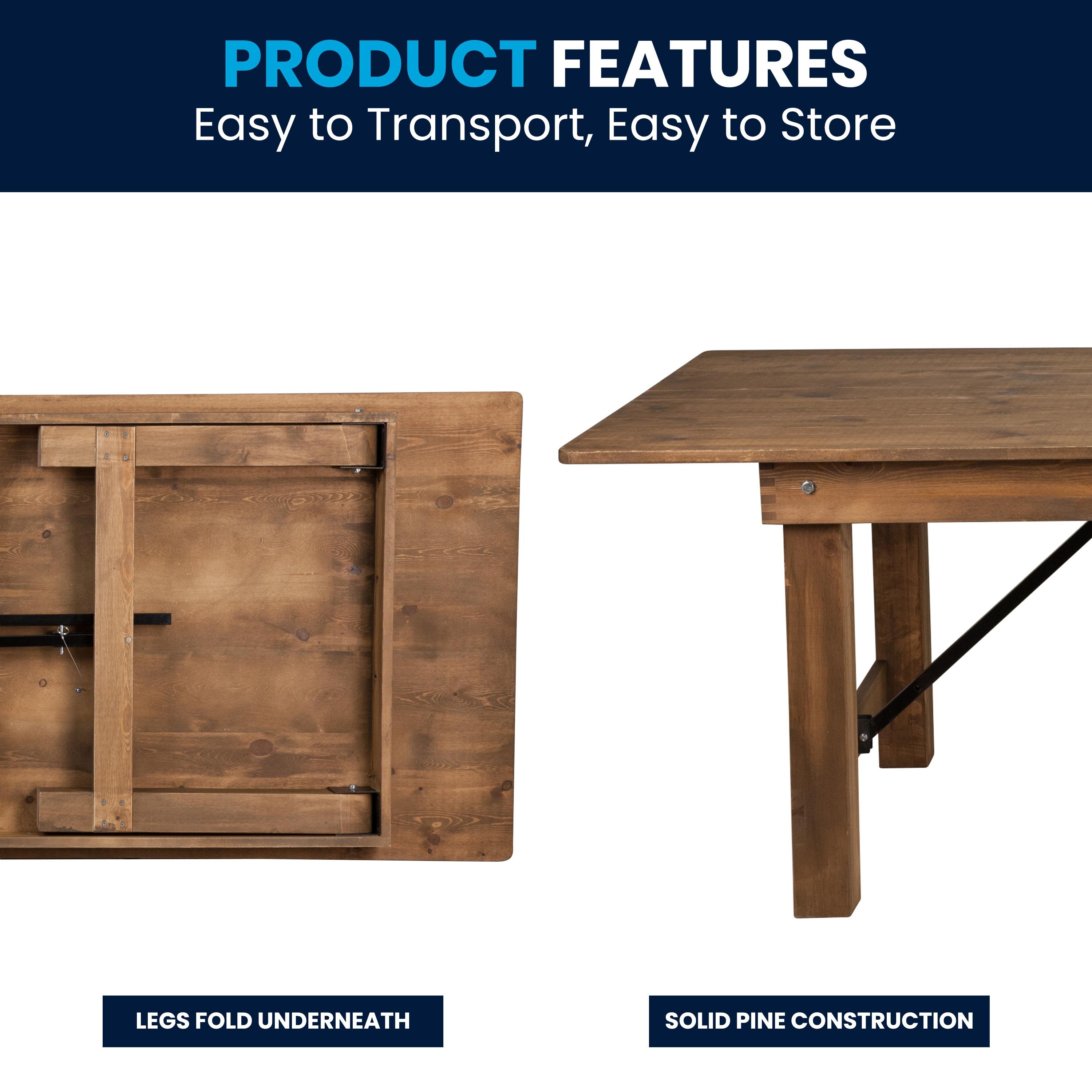 Flash Furniture Hercules Series 8' x 40" Rectangular Rustic Solid Pine Folding Dining Table