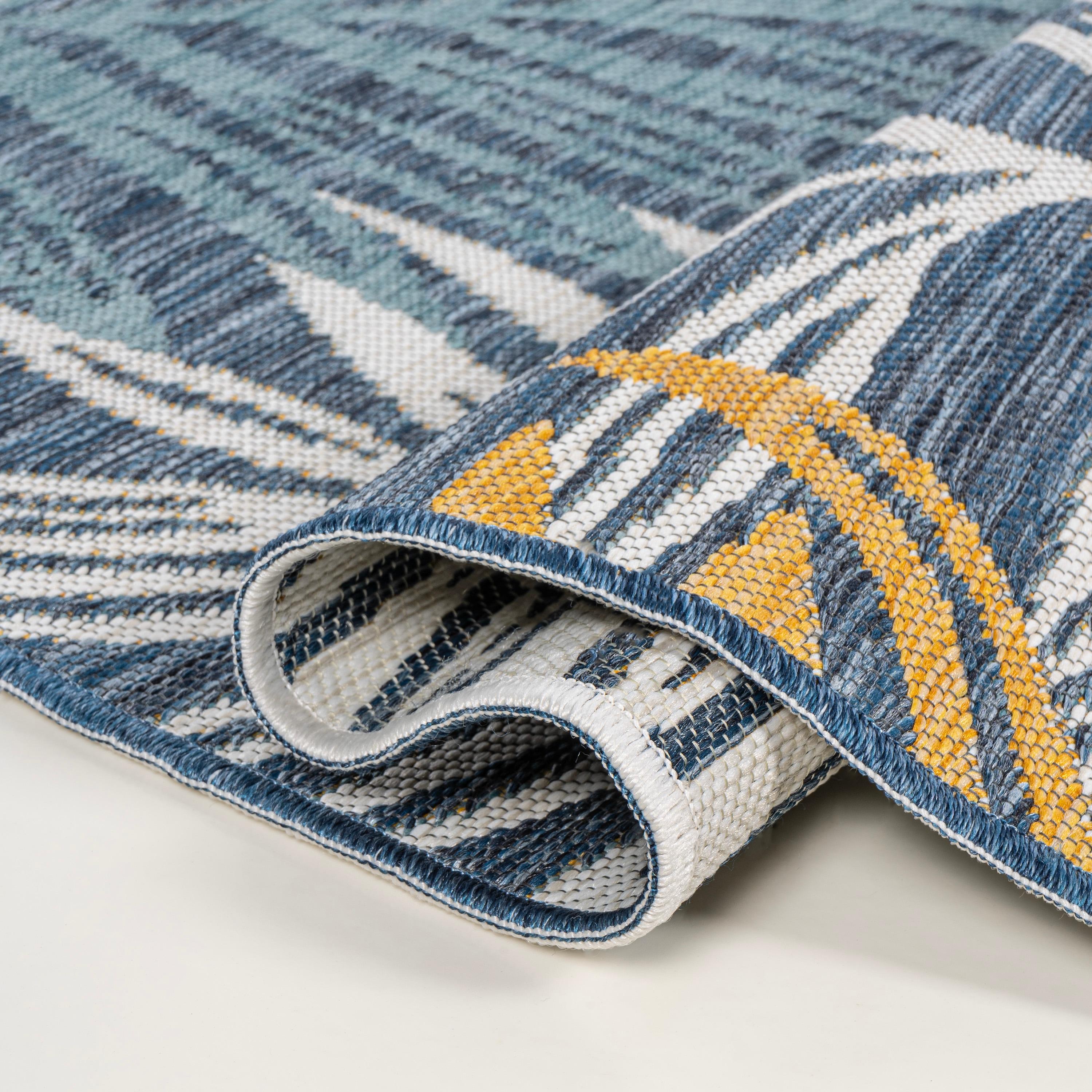 JONATHAN Y Calypso Coastal Casual Palm Frond Reversible Machine-Washable Cream/Navy 5 ft. x 8 ft. Indoor/Outdoor Area Rug