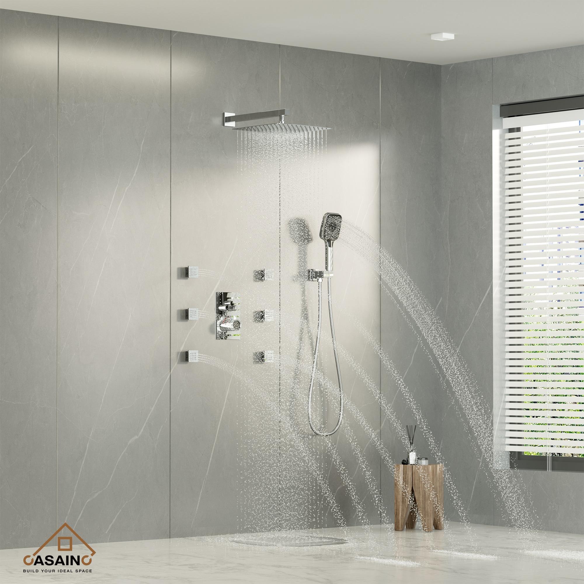 Revitalize 3-Function 12 Inch Wall Mount Rainfall Thermostatic Shower System with 6 Body Jets