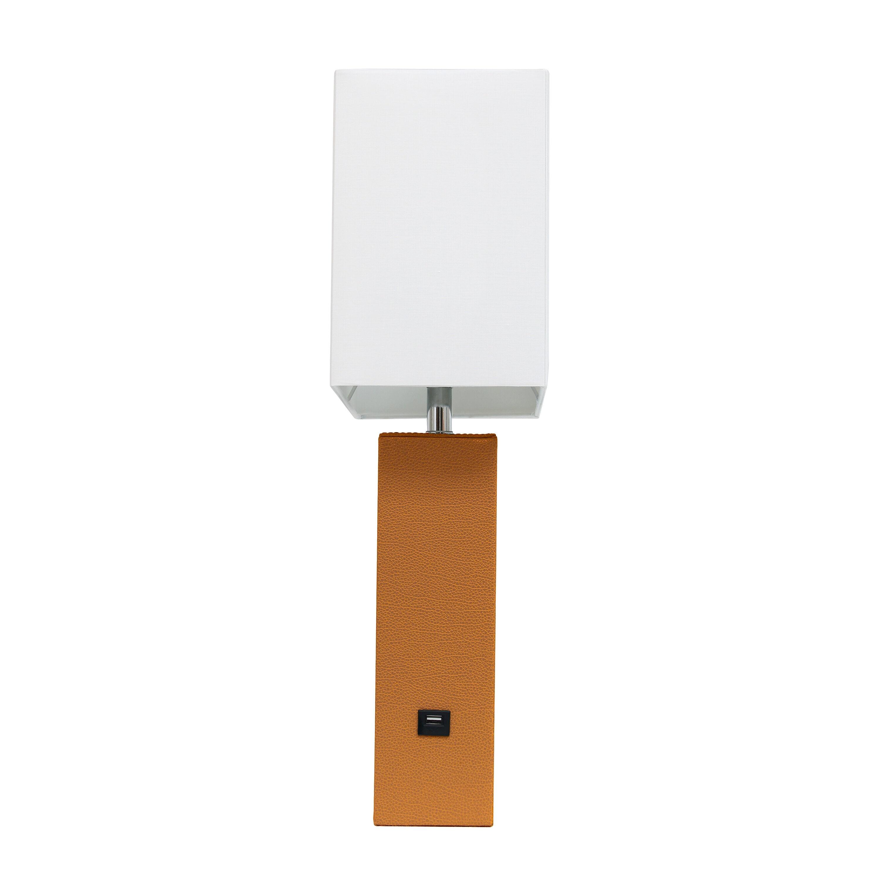 21" Lexington Leather Base Modern Home Decor Bedside Table Lamp with USB Charging Port and Fabric Shade Tan/White - Lalia Home: No Assembly