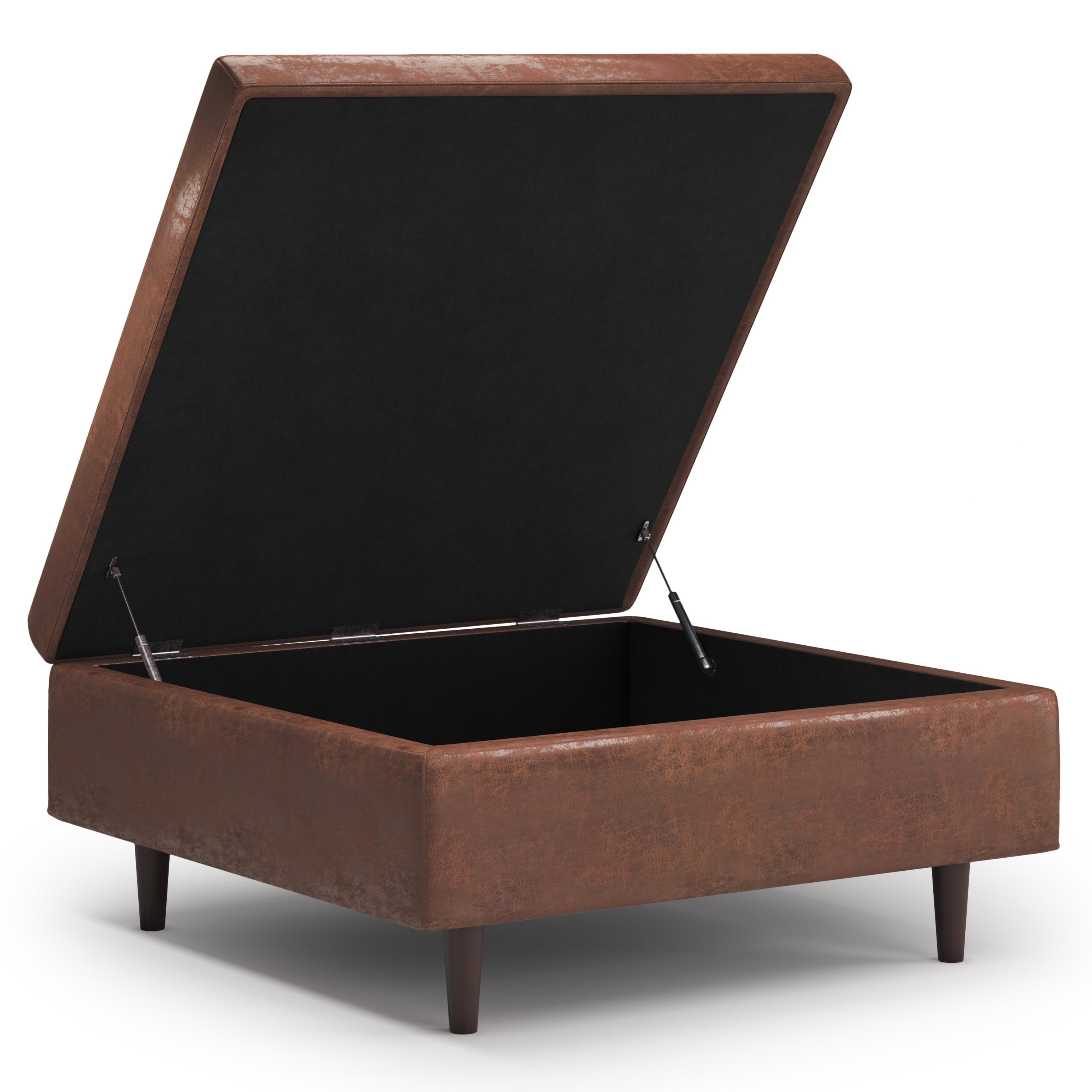 Simpli Home Shay 38 inch Wide Mid Century Modern Square Mid Century Large Square Coffee Table Storage Ottoman in Distressed Saddle Brown Vegan Faux Leather